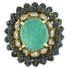 Vintage 18k Gold GIA Cabochon Emerald W/ Sapphire & Diamond Halo Statement Ring