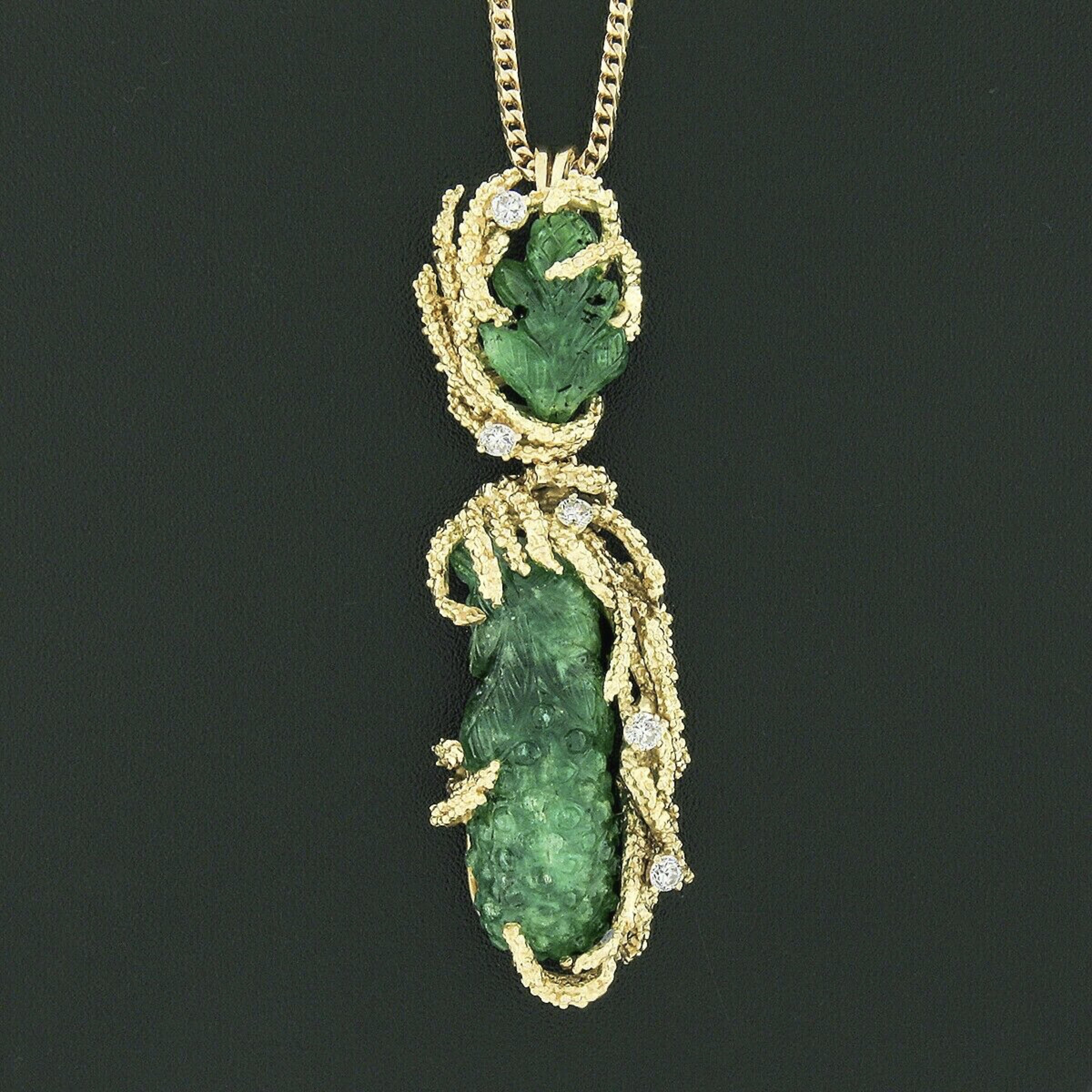 Oval Cut Vintage 18k Gold GIA Carved Emerald & Diamond Textured Dangle Pendant Necklace For Sale