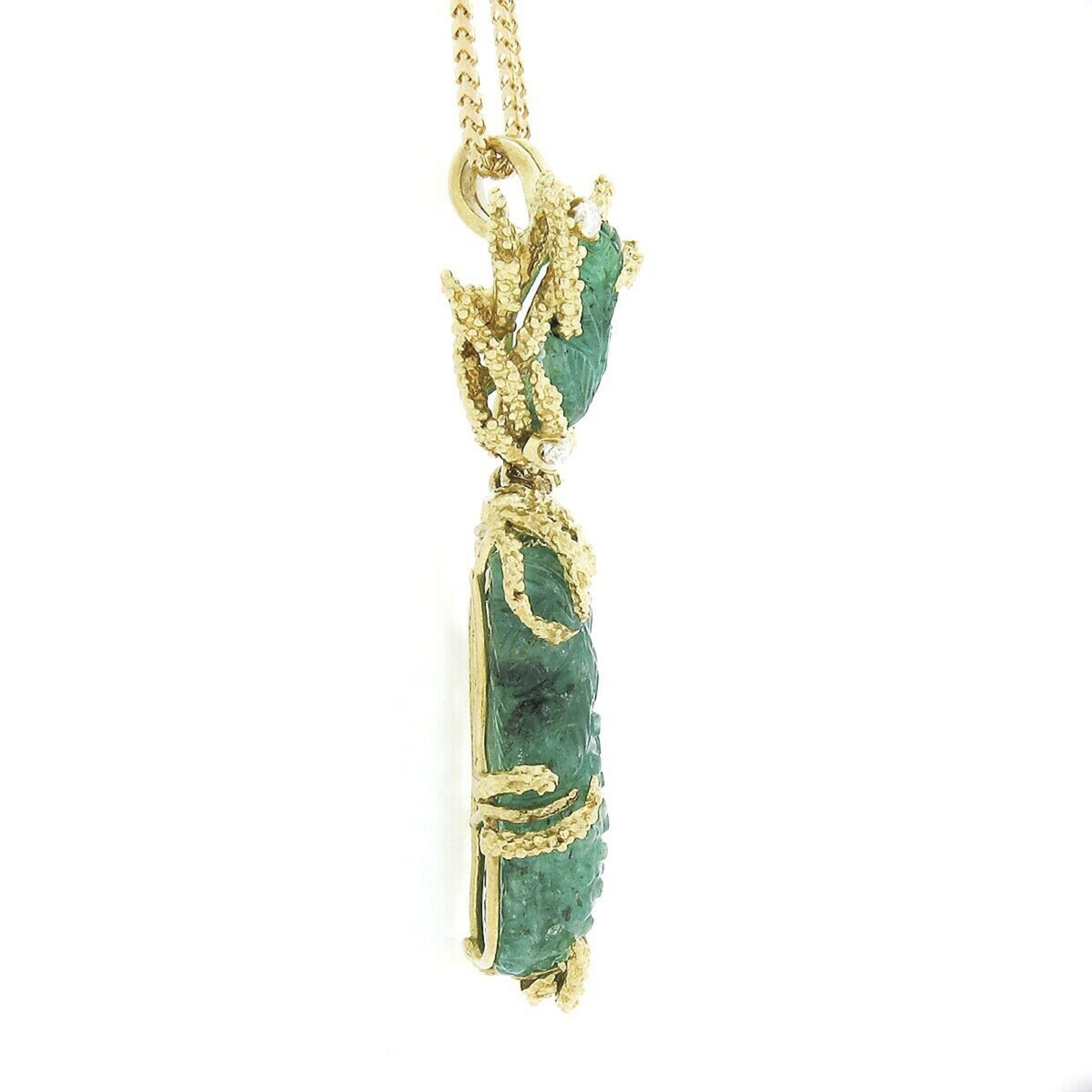 Vintage 18k Gold GIA Carved Emerald & Diamond Textured Dangle Pendant Necklace In Good Condition For Sale In Montclair, NJ