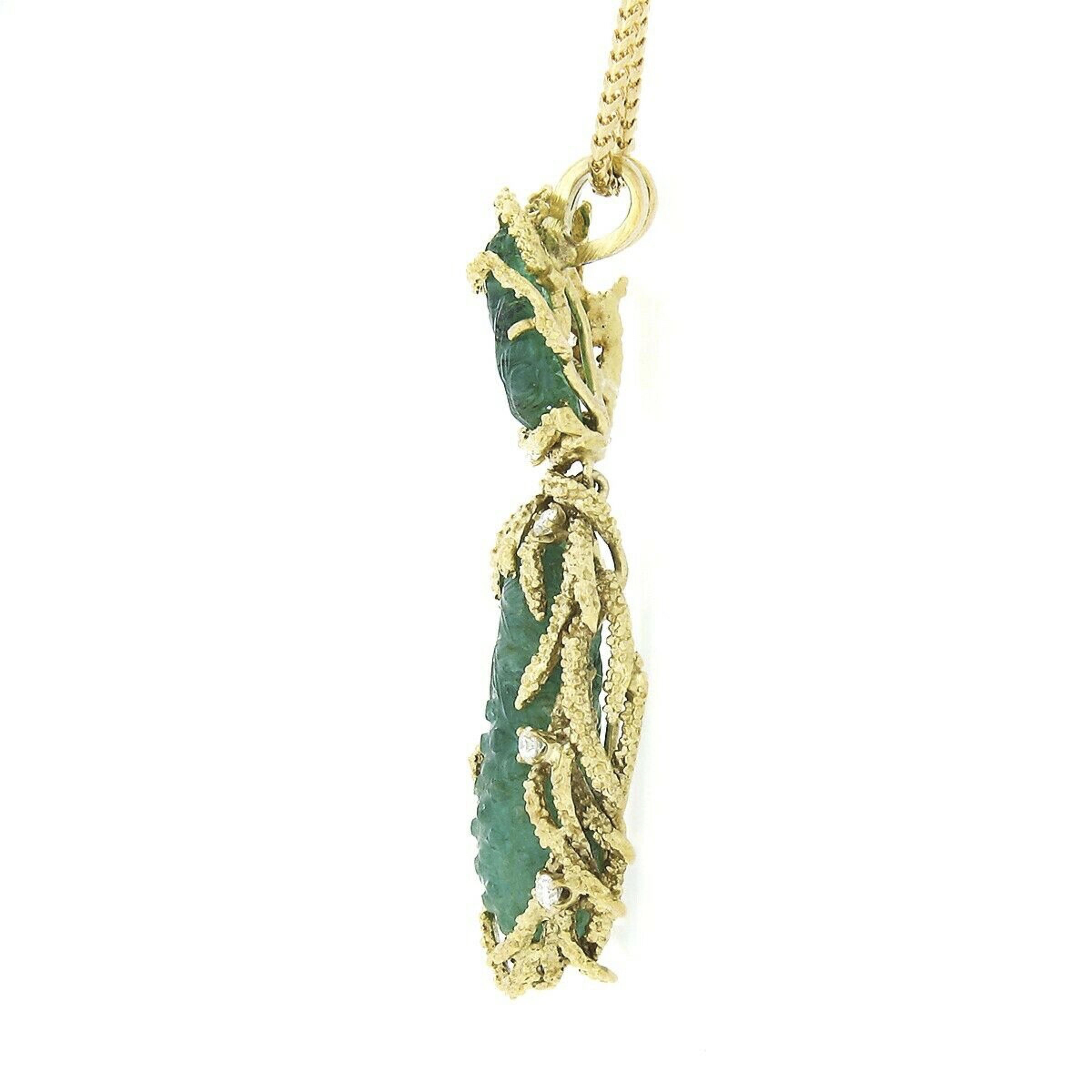 Women's or Men's Vintage 18k Gold GIA Carved Emerald & Diamond Textured Dangle Pendant Necklace For Sale