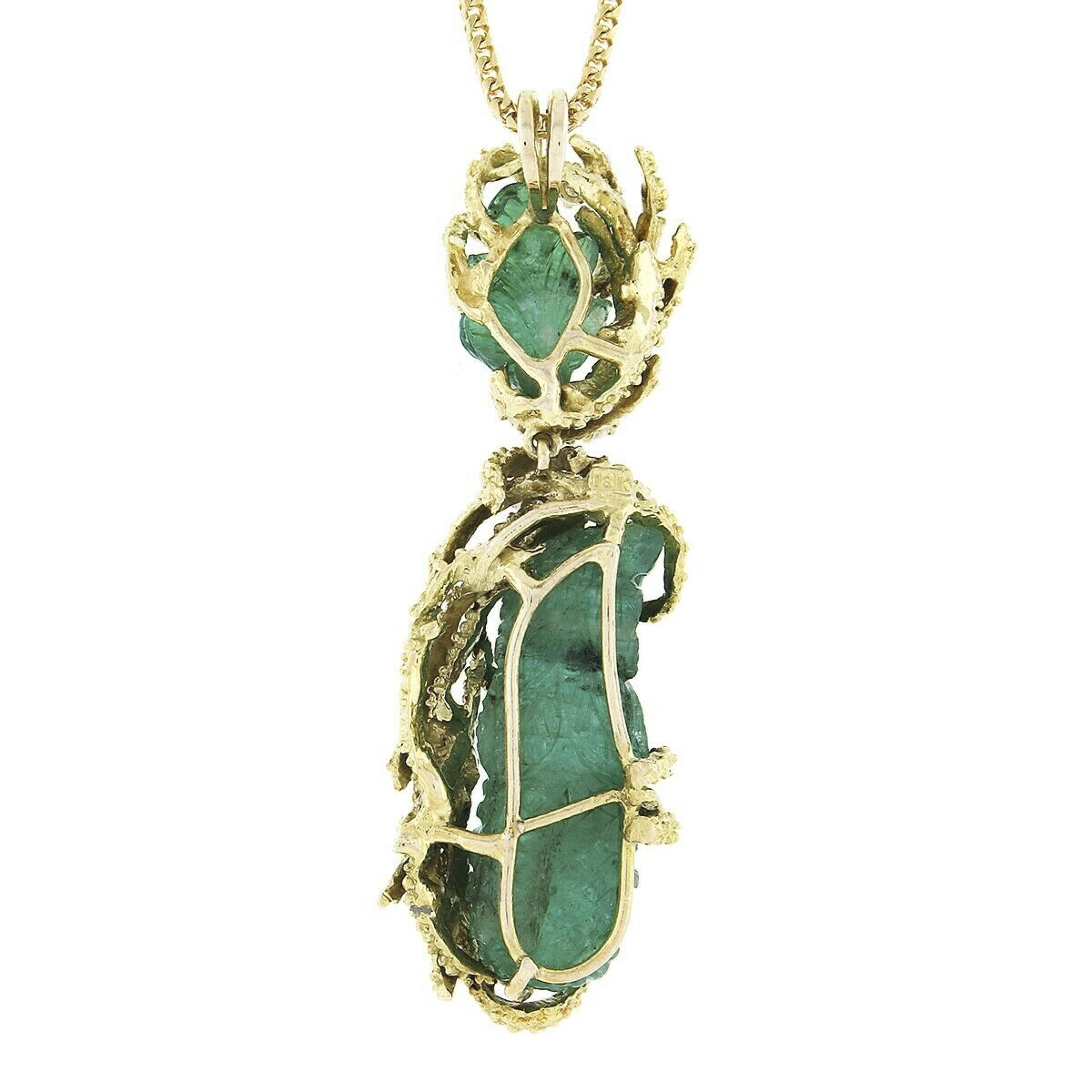 Vintage 18k Gold GIA Carved Emerald & Diamond Textured Dangle Pendant Necklace en vente 1