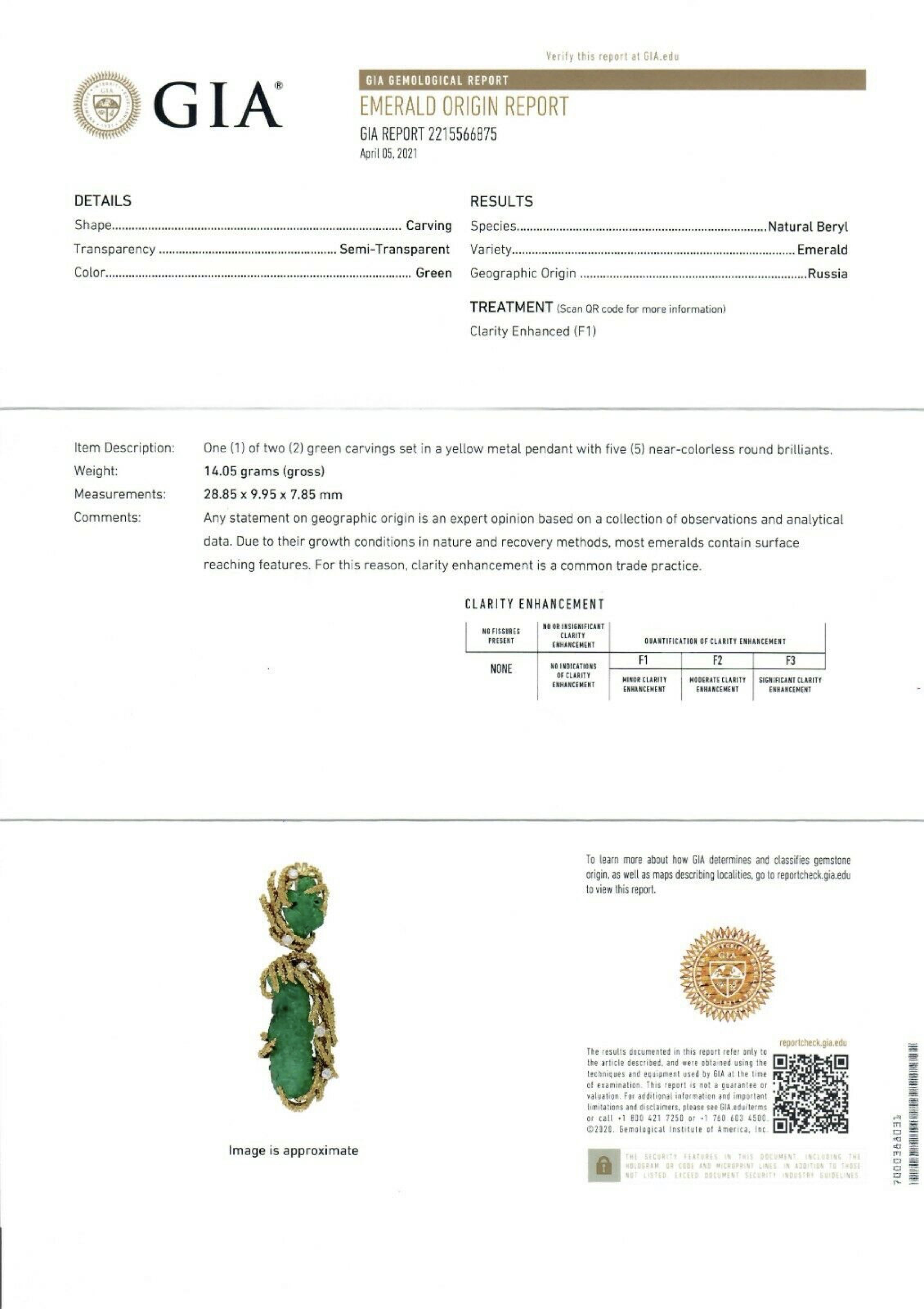 Vintage 18k Gold GIA Carved Emerald & Diamond Textured Dangle Pendant Necklace For Sale 4