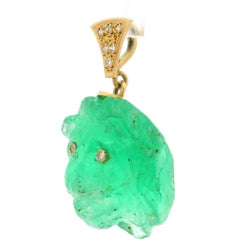 Vintage 18k Gold GIA Carved Lion Head 48ct Colombian Emerald w/ Diamond Pendant
