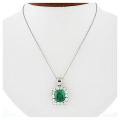 Vintage 18k Gold GIA Colombian Emerald Solitaire Diamond Halo Pendant 14k Chain