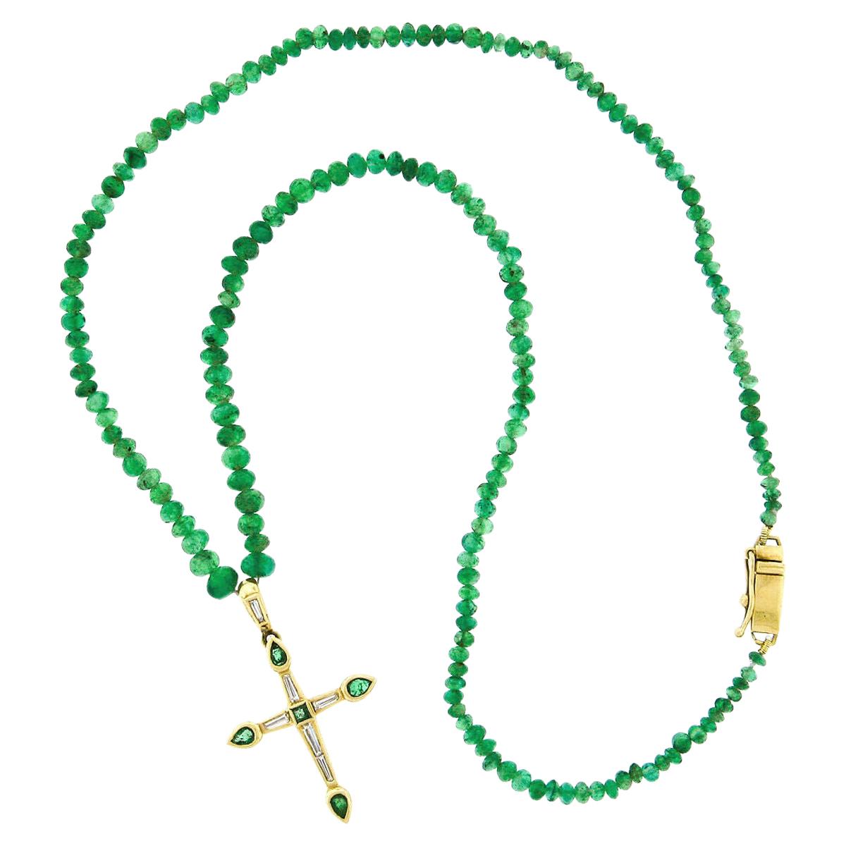 Vintage 18k Gold GIA Emerald Bead Necklace & Channel Diamond Cross Pendant