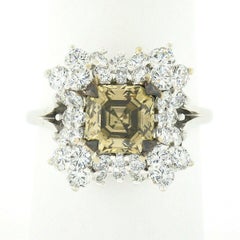 Vintage 18k Gold GIA Fancy Yellow Brown Diamond Solitaire w/ Halo Cocktail Ring