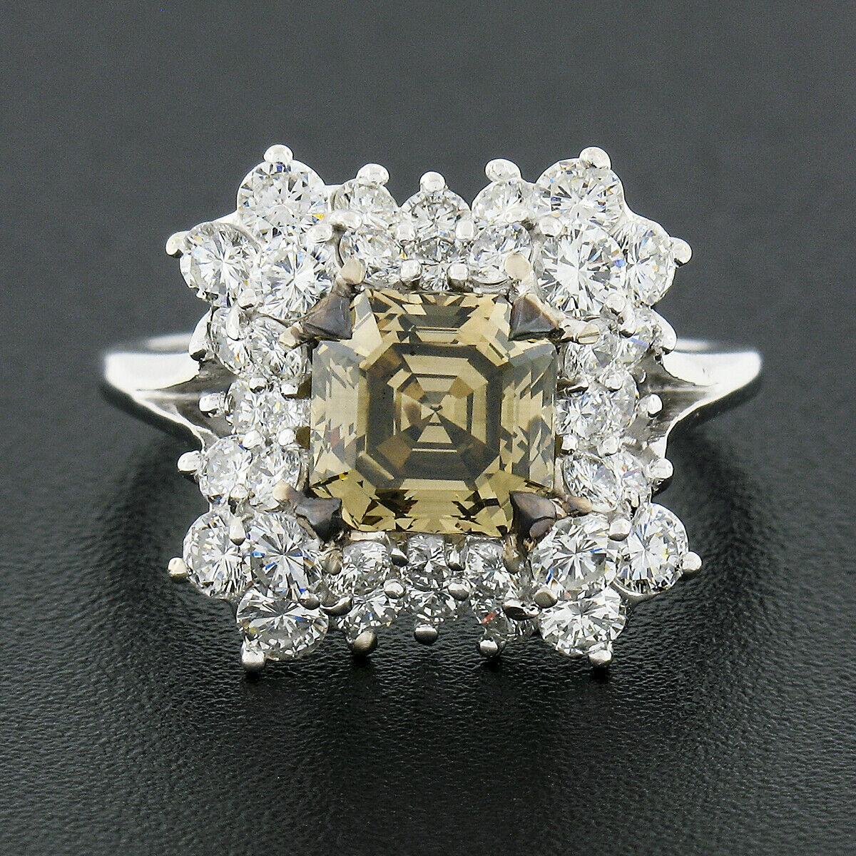 Asscher Cut Vintage 18k Gold GIA Fancy Yellow Brown Diamond Solitaire w/ Halo Cocktail Ring