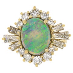 Vintage 18k Gold GIA Gray Cabochon Opal w Round & Baguette Diamond Cocktail Ring