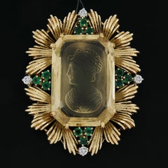 Vintage 18k Gold GIA Intaglio Citrine W/ Emerald & Diamond Enhancer Pendant