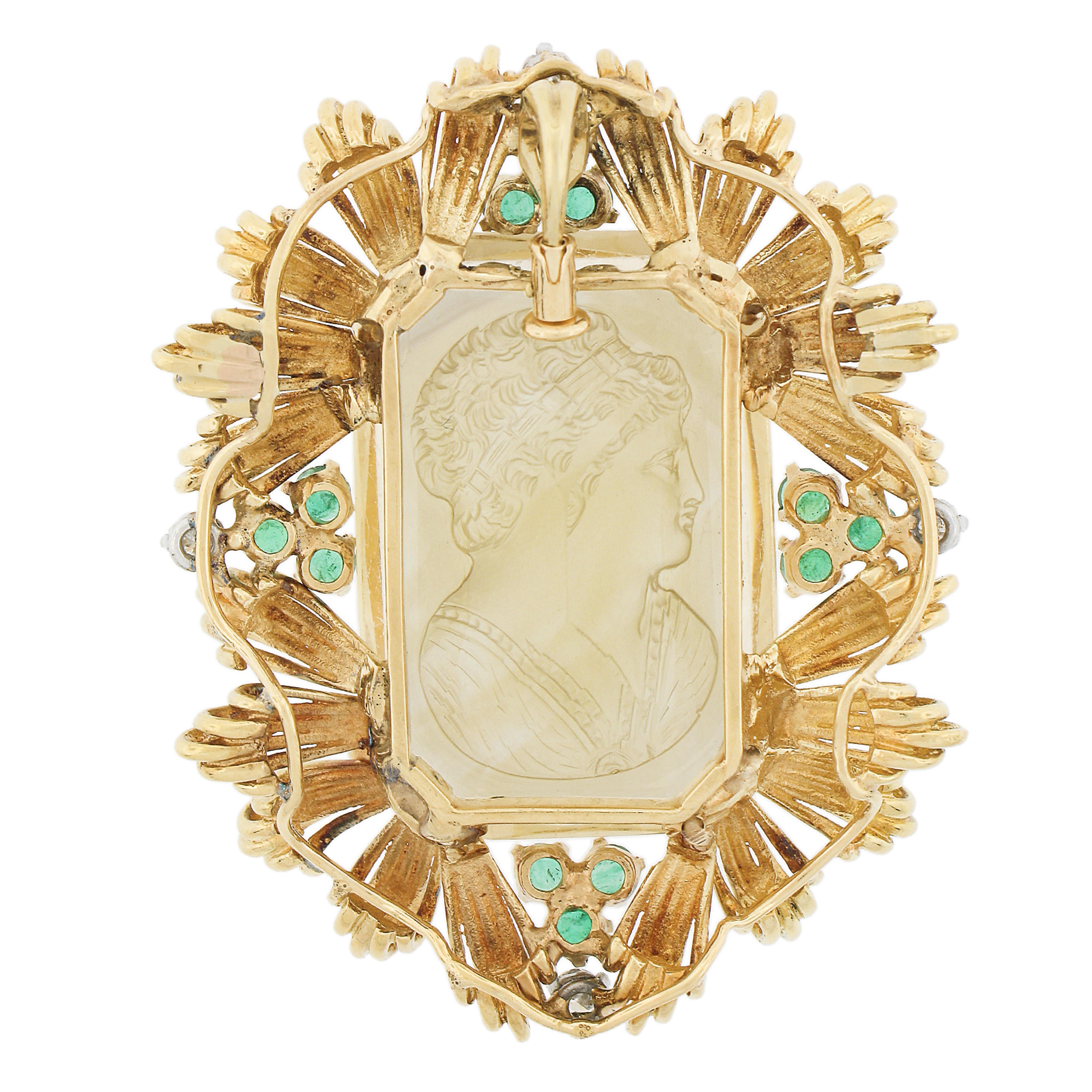 Octagon Cut Vintage 18k Gold Gia Hand Carved Citrine W/ Emerald & Diamond Enhancer Pendant For Sale