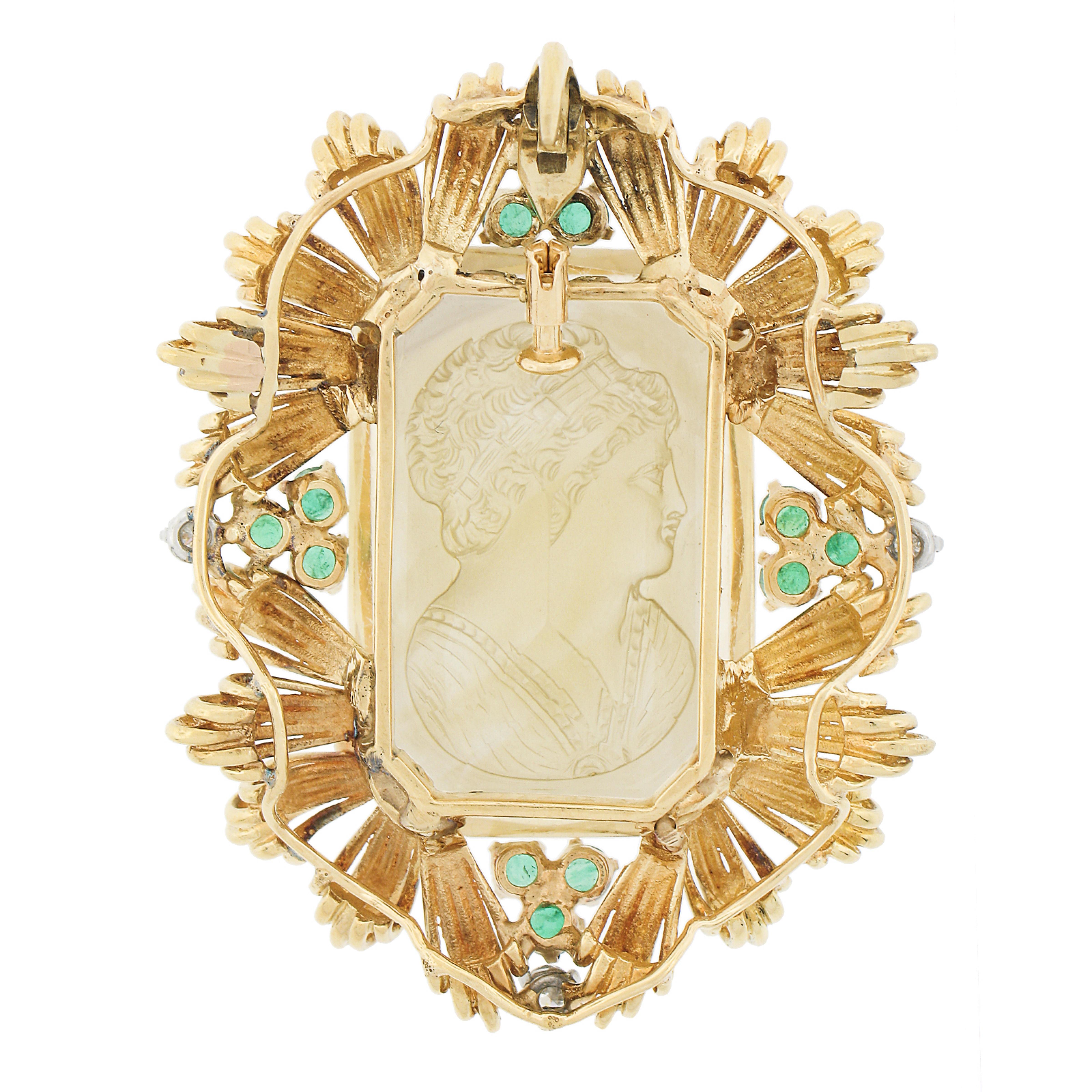 Vintage 18k Gold GIA Intaglio Citrine W/ Emerald & Diamond Enhancer Pendant In Excellent Condition For Sale In Montclair, NJ