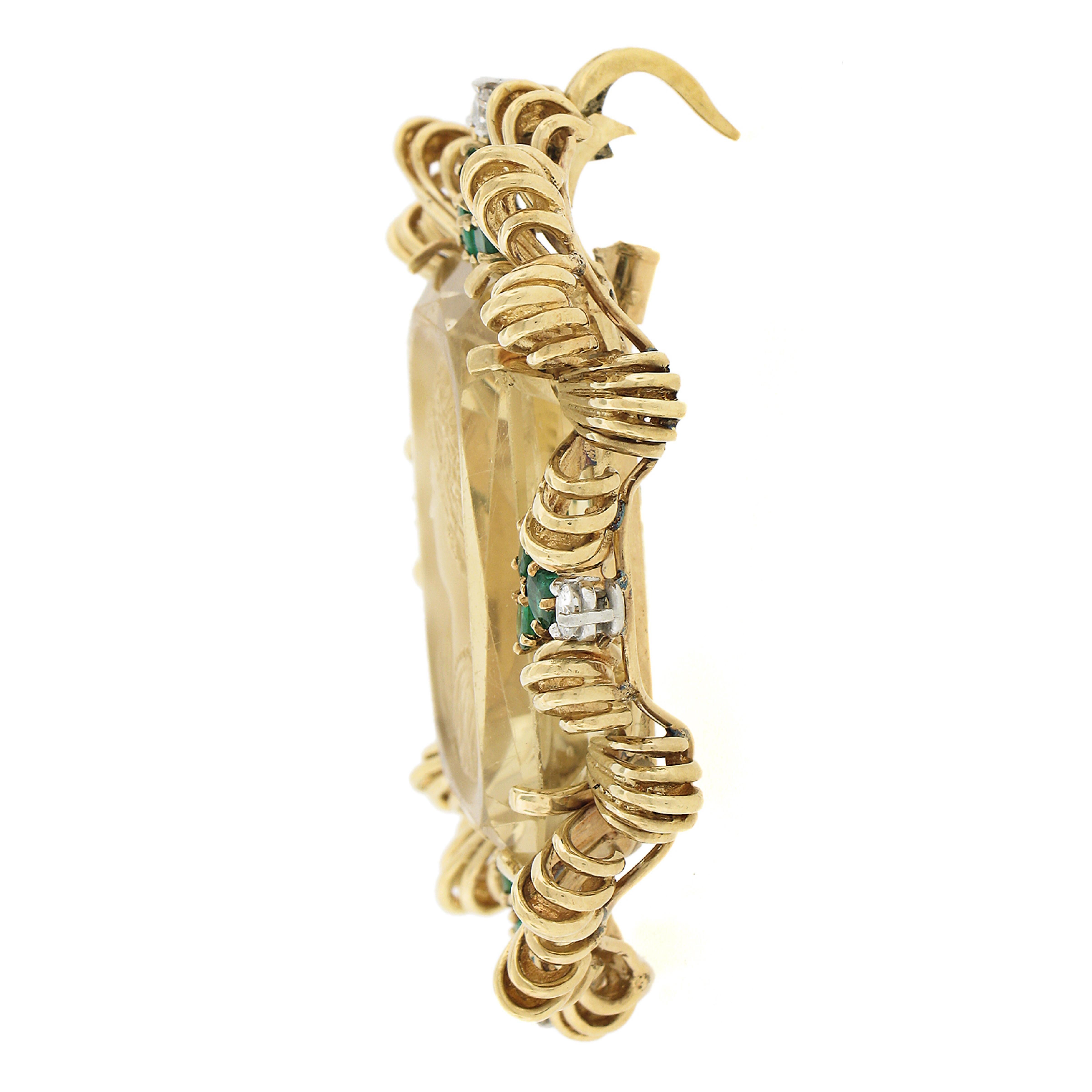 Women's Vintage 18k Gold Gia Hand Carved Citrine W/ Emerald & Diamond Enhancer Pendant For Sale