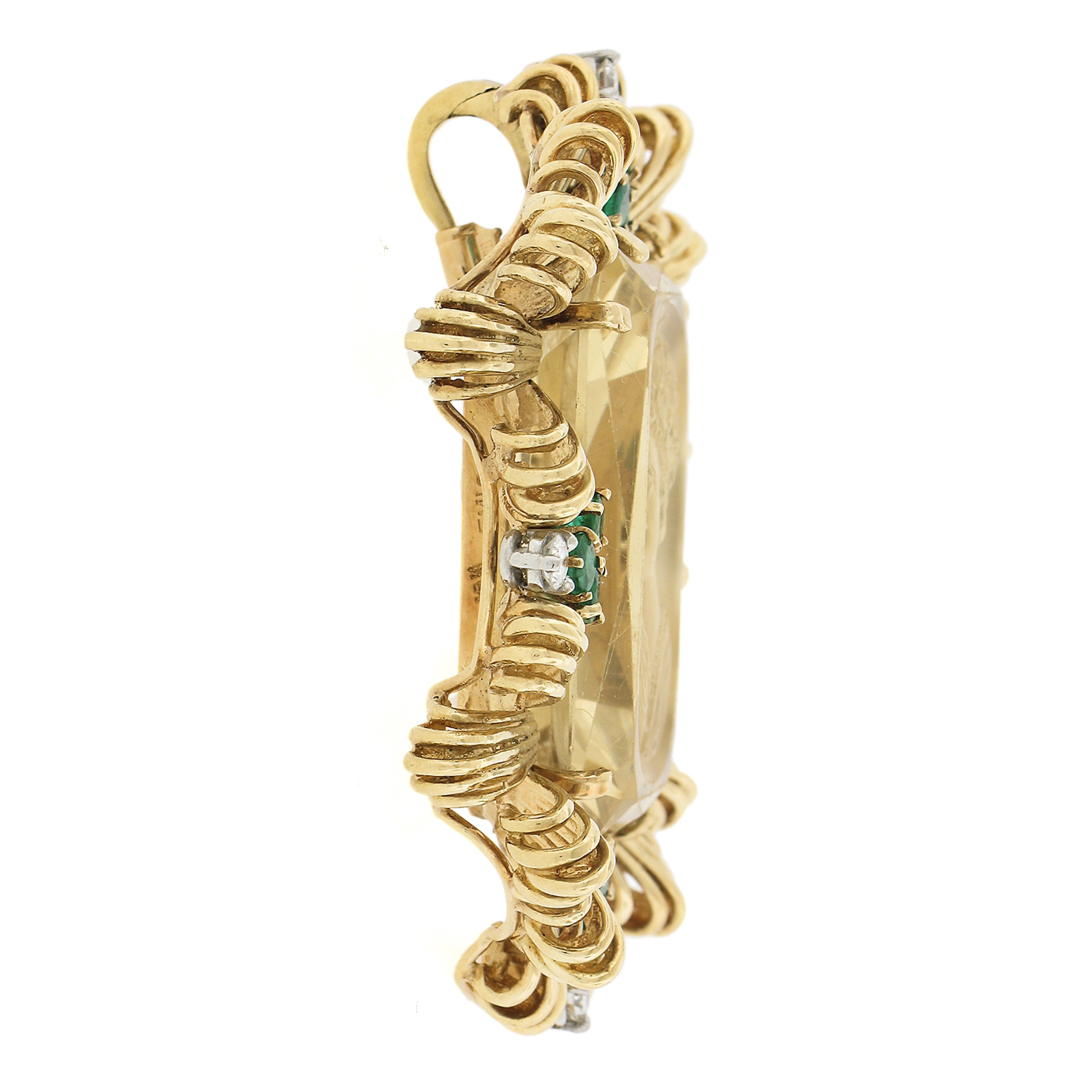 Vintage 18k Gold Gia Hand Carved Citrine W/ Emerald & Diamond Enhancer Pendant For Sale 1