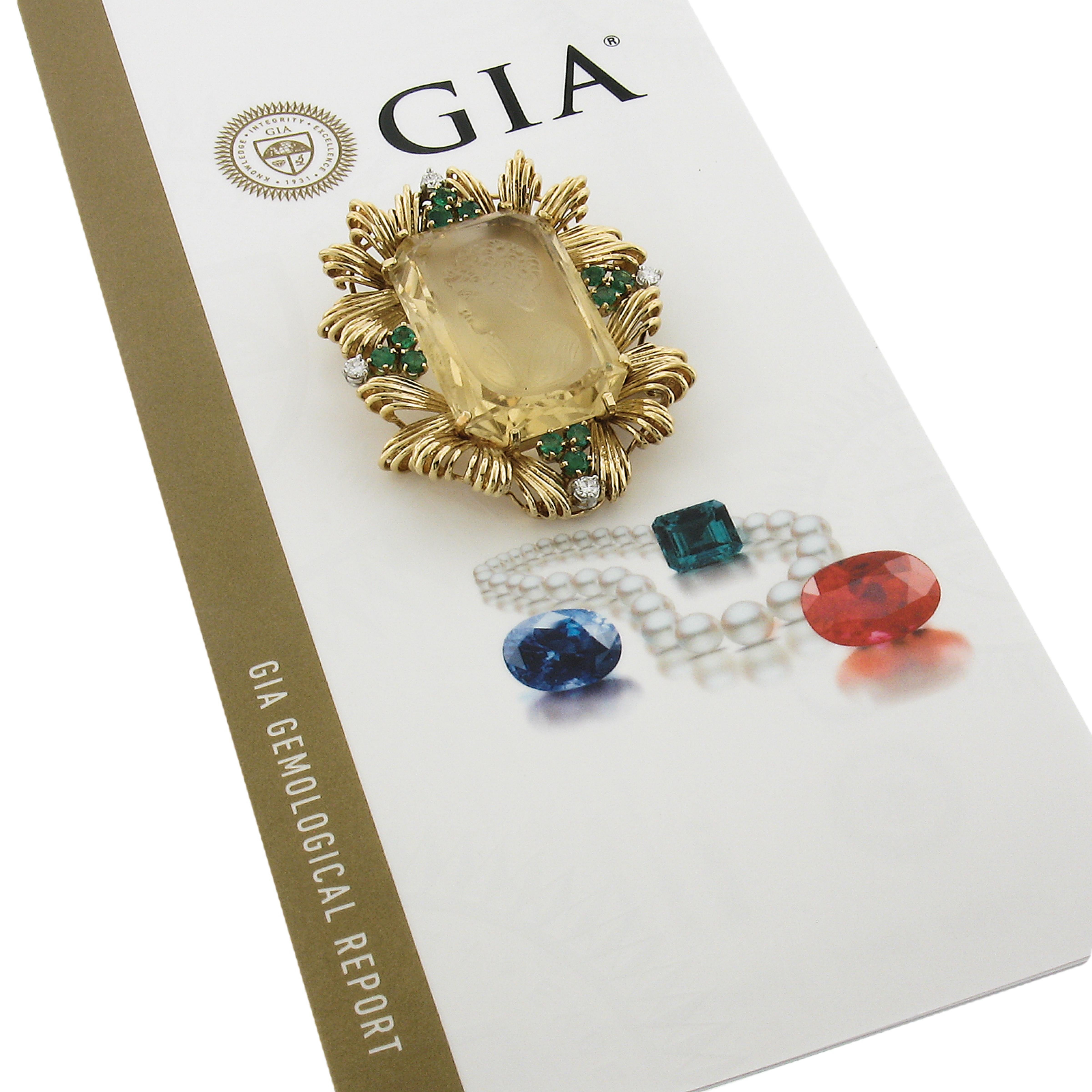 Vintage 18k Gold Gia Hand Carved Citrine W/ Emerald & Diamond Enhancer Pendant For Sale 2