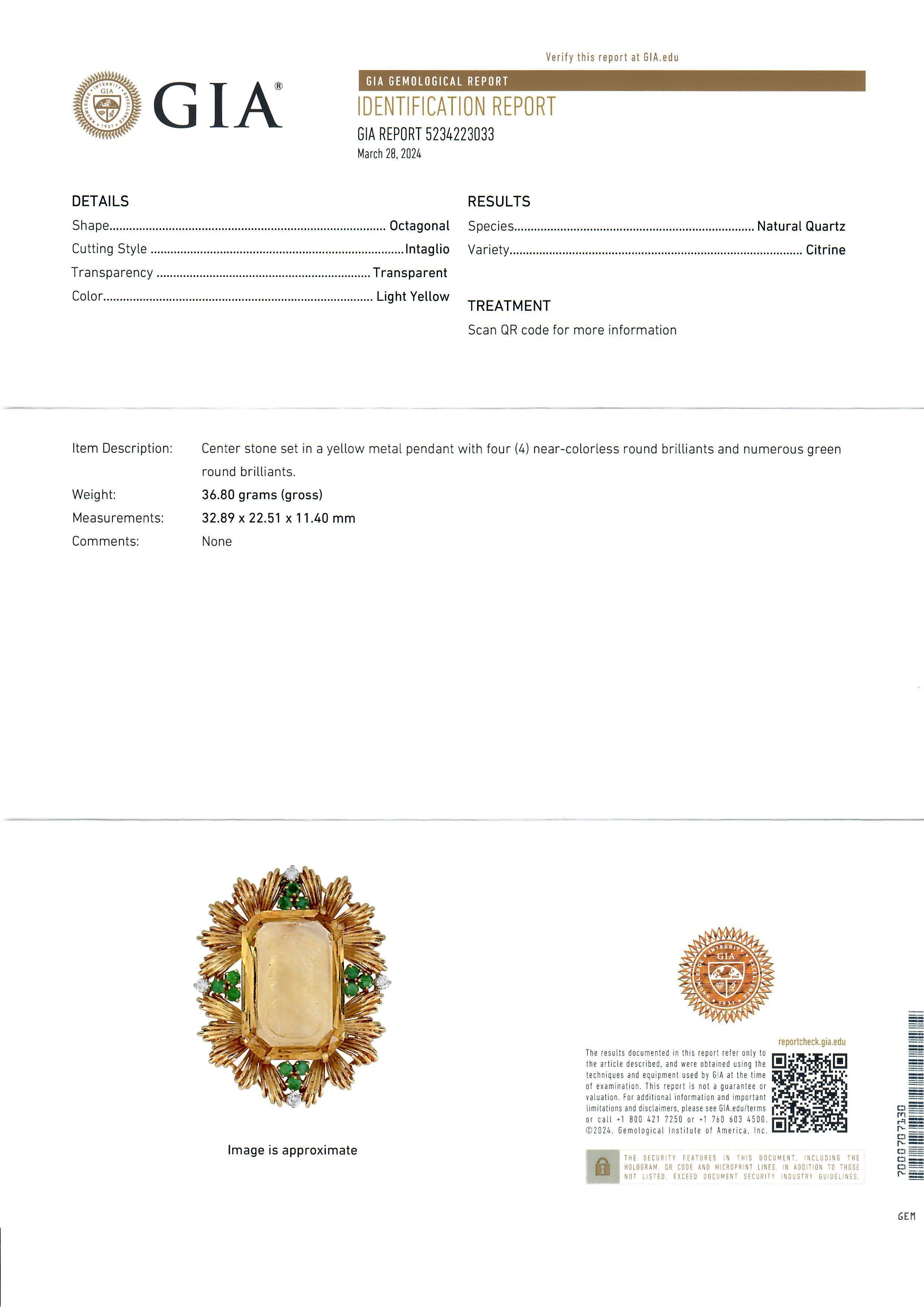 Vintage 18k Gold Gia Hand Carved Citrine W/ Emerald & Diamond Enhancer Pendant For Sale 3