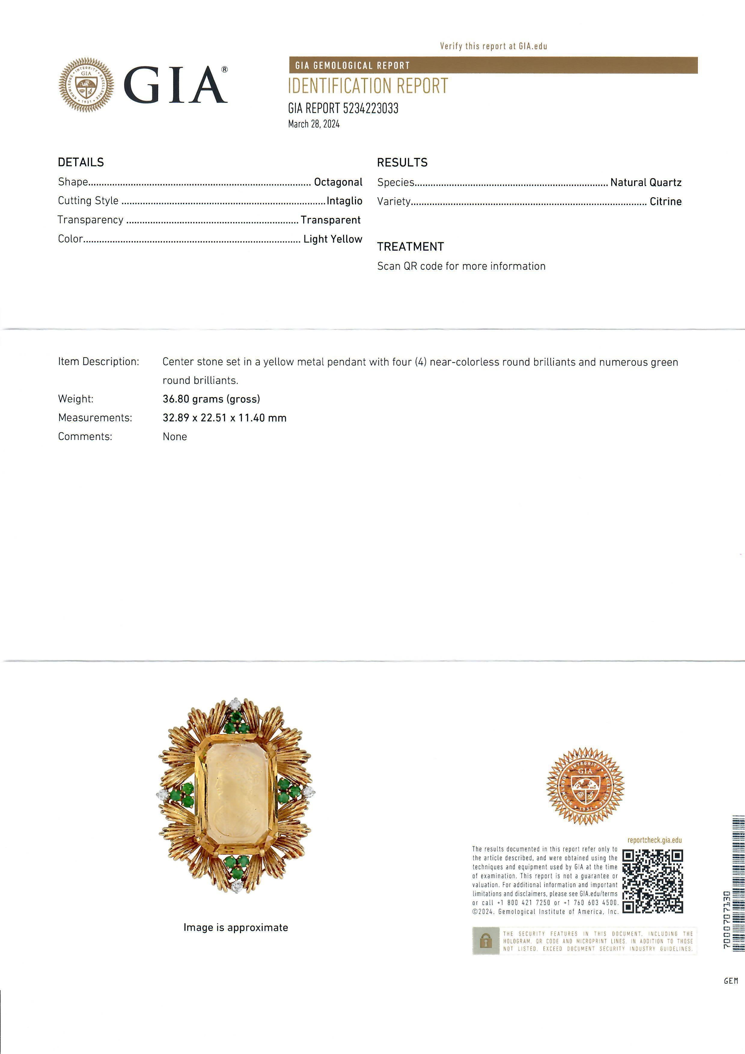 Vintage 18k Gold GIA Intaglio Citrine W/ Emerald & Diamond Enhancer Pendant For Sale 3