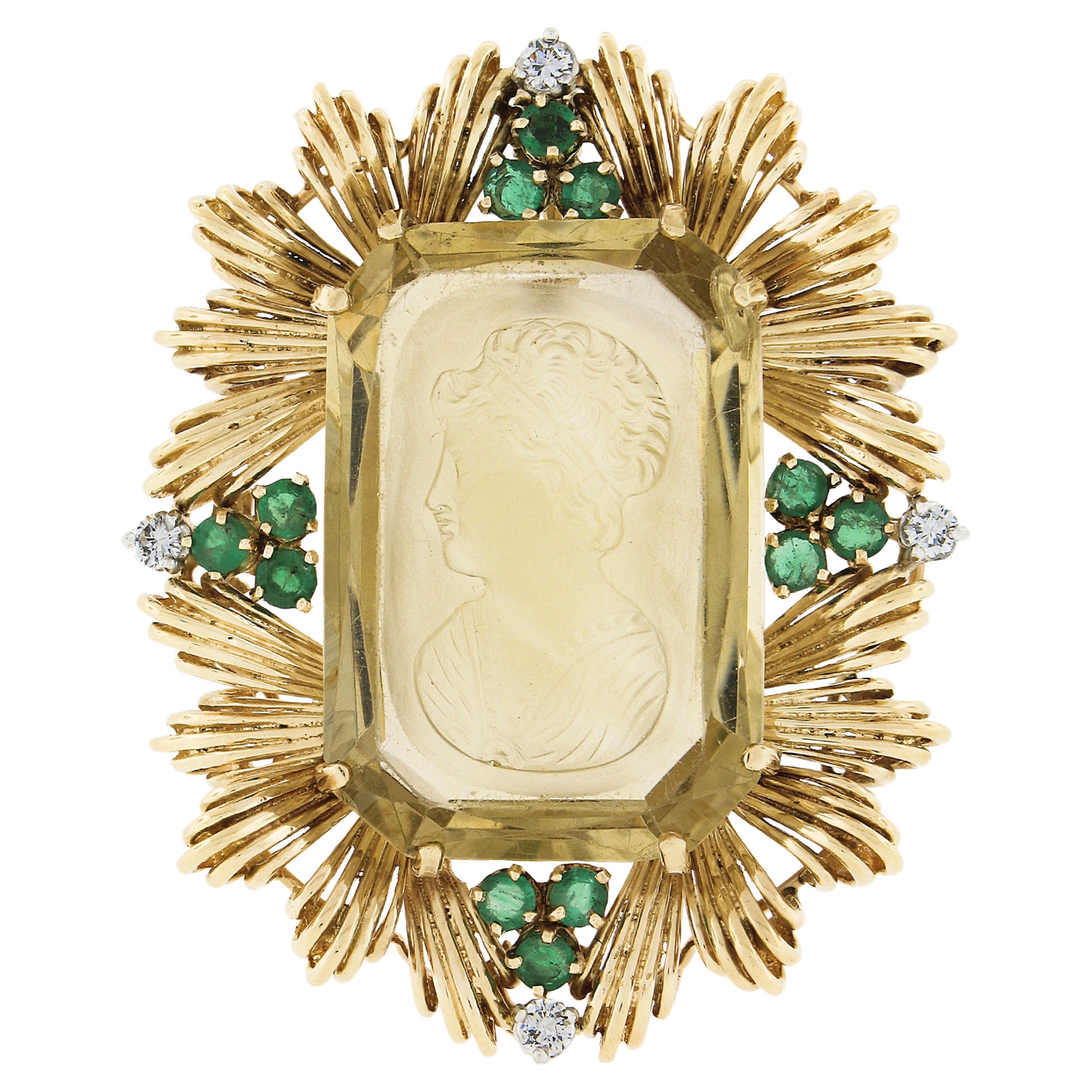 Vintage 18k Gold Gia Hand Carved Citrine W/ Emerald & Diamond Enhancer Pendant For Sale