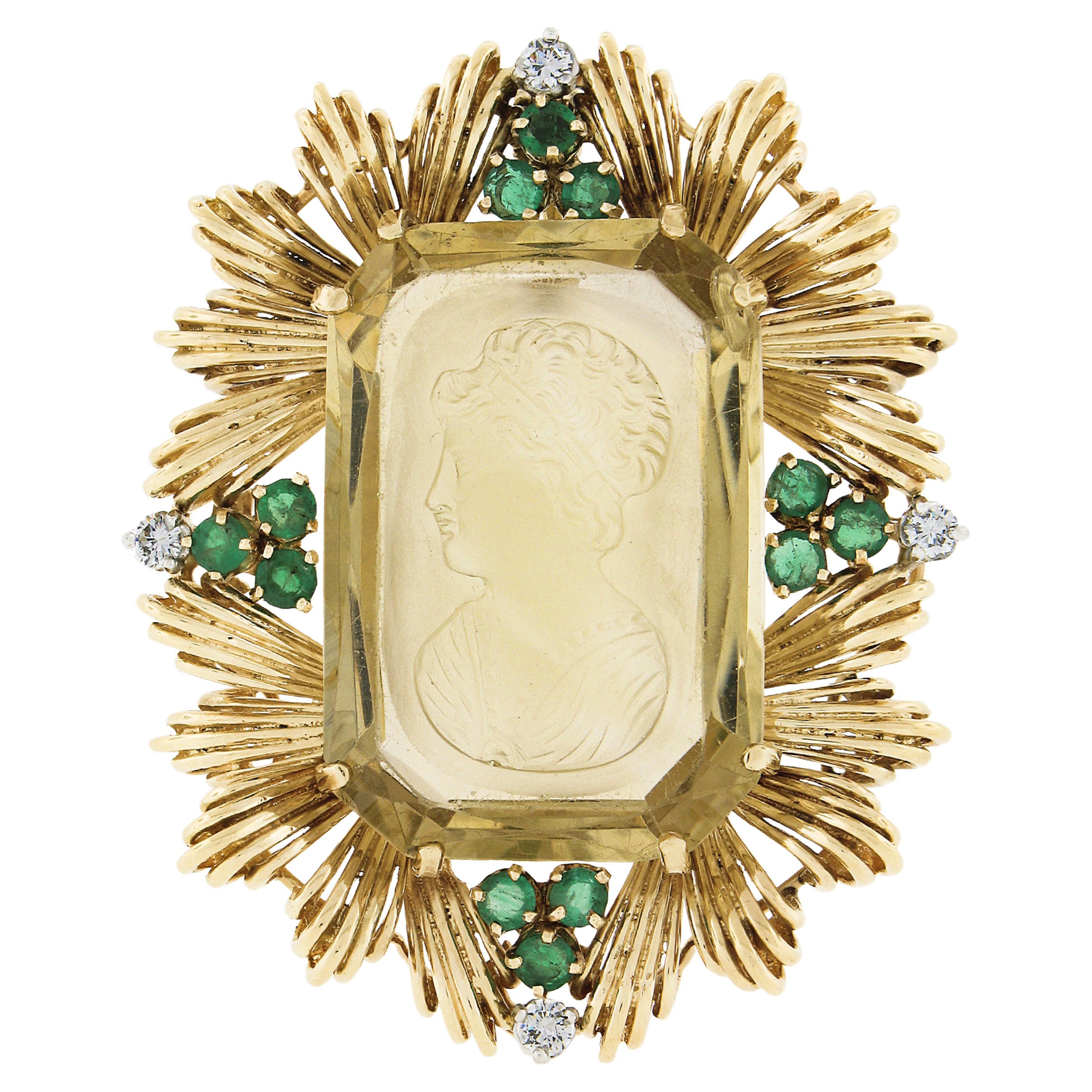 Vintage 18k Gold GIA Intaglio Citrine W/ Emerald & Diamond Enhancer Pendant For Sale