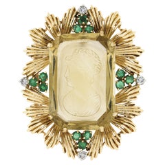Vintage 18k Gold Gia Hand Carved Citrine W/ Emerald & Diamond Enhancer Pendant