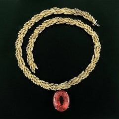 Vintage 18k Gold GIA Large Oval 49.05ct Peach Tourmaline Statement Leaf Necklace