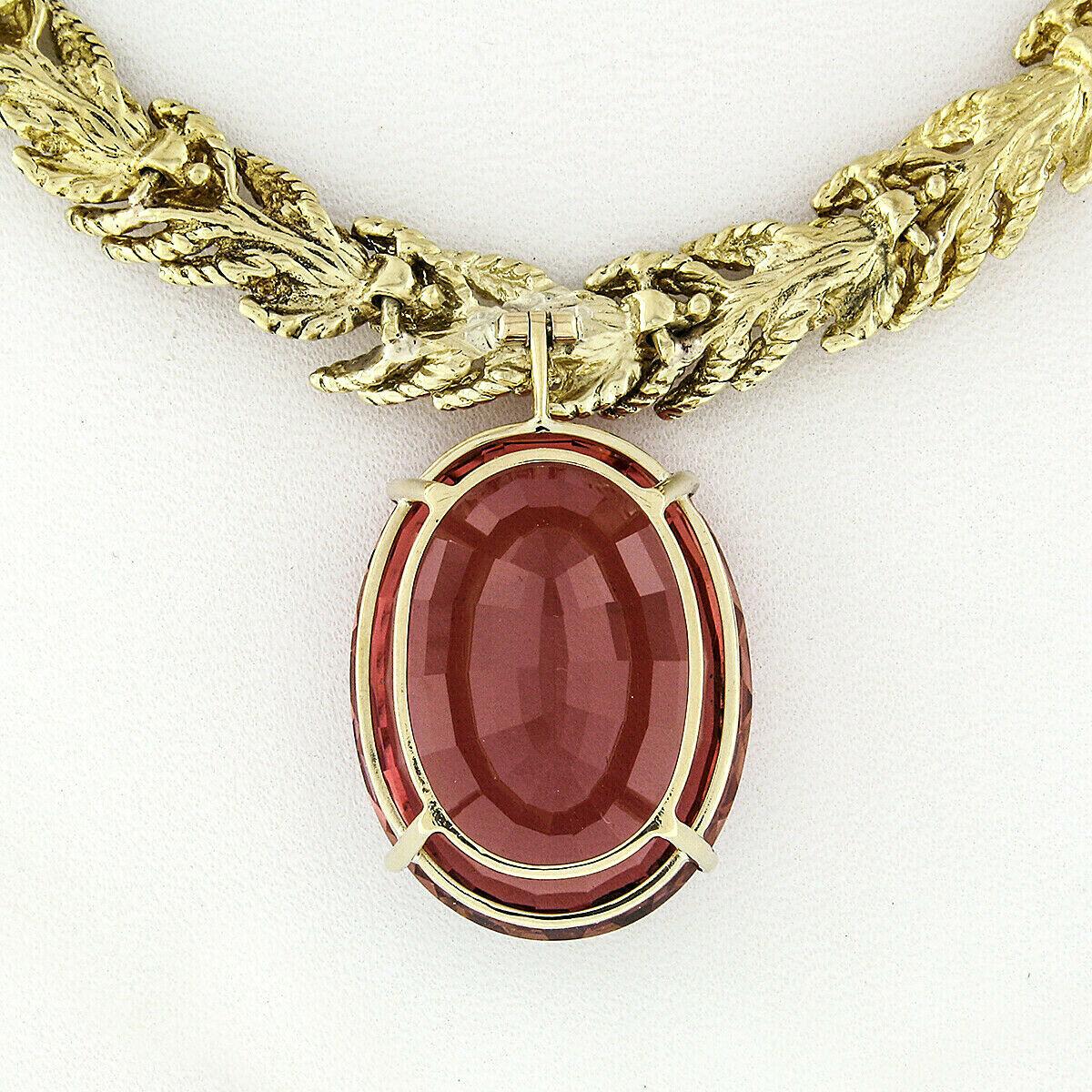 Women's Vintage 18k Gold GIA Large Oval 49.05ct Peach Tourmaline Statement Leaf Necklace