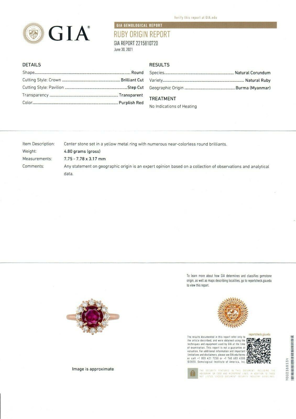 Bague vintage en or 18 carats avec halo de diamants et rubis de Birmanie rond de 1,50 carat, certifié GIA, sans chaleur en vente 6