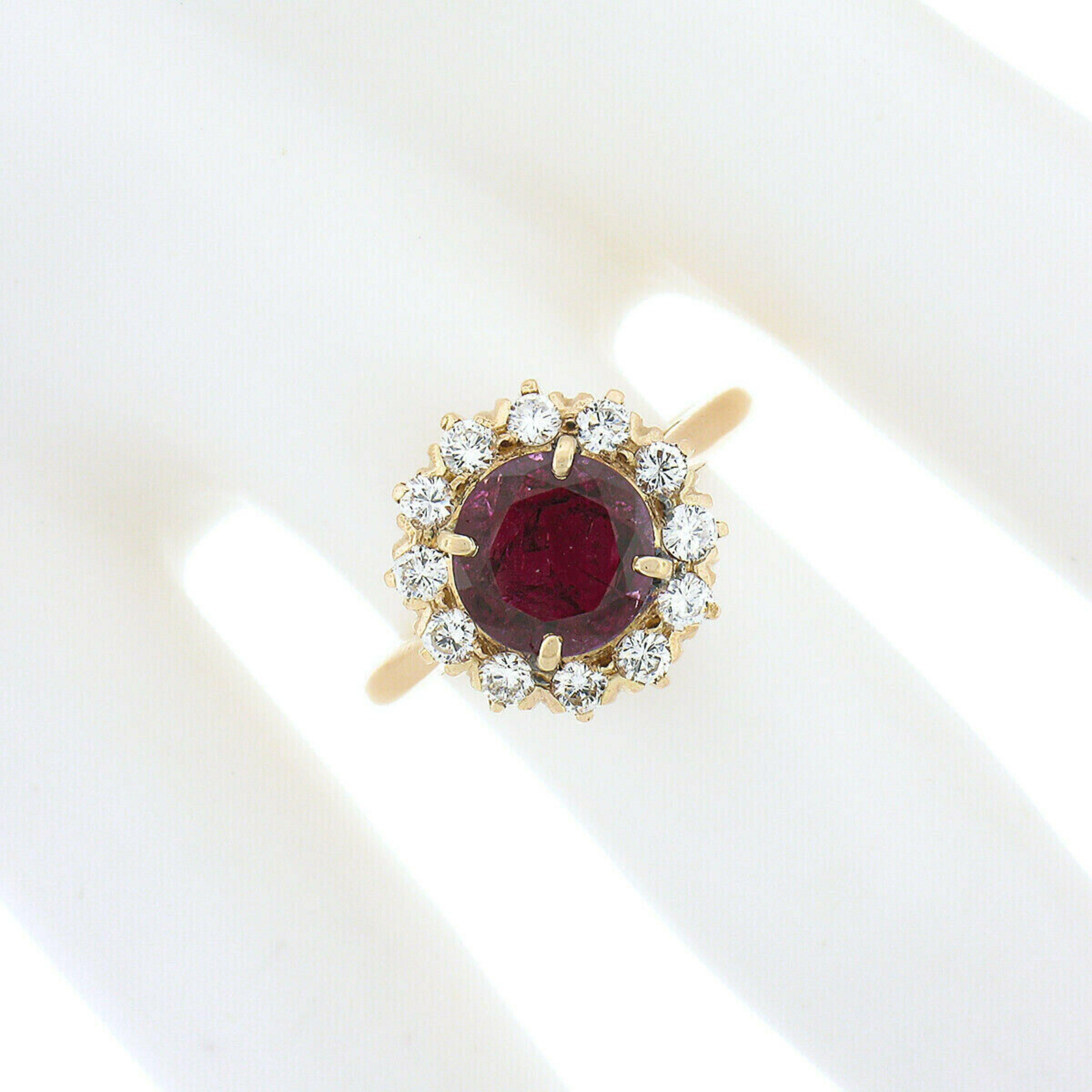 Round Cut Vintage 18k Gold GIA No Heat 1.50ct Round Burma Ruby & Diamond Halo Cluster Ring For Sale