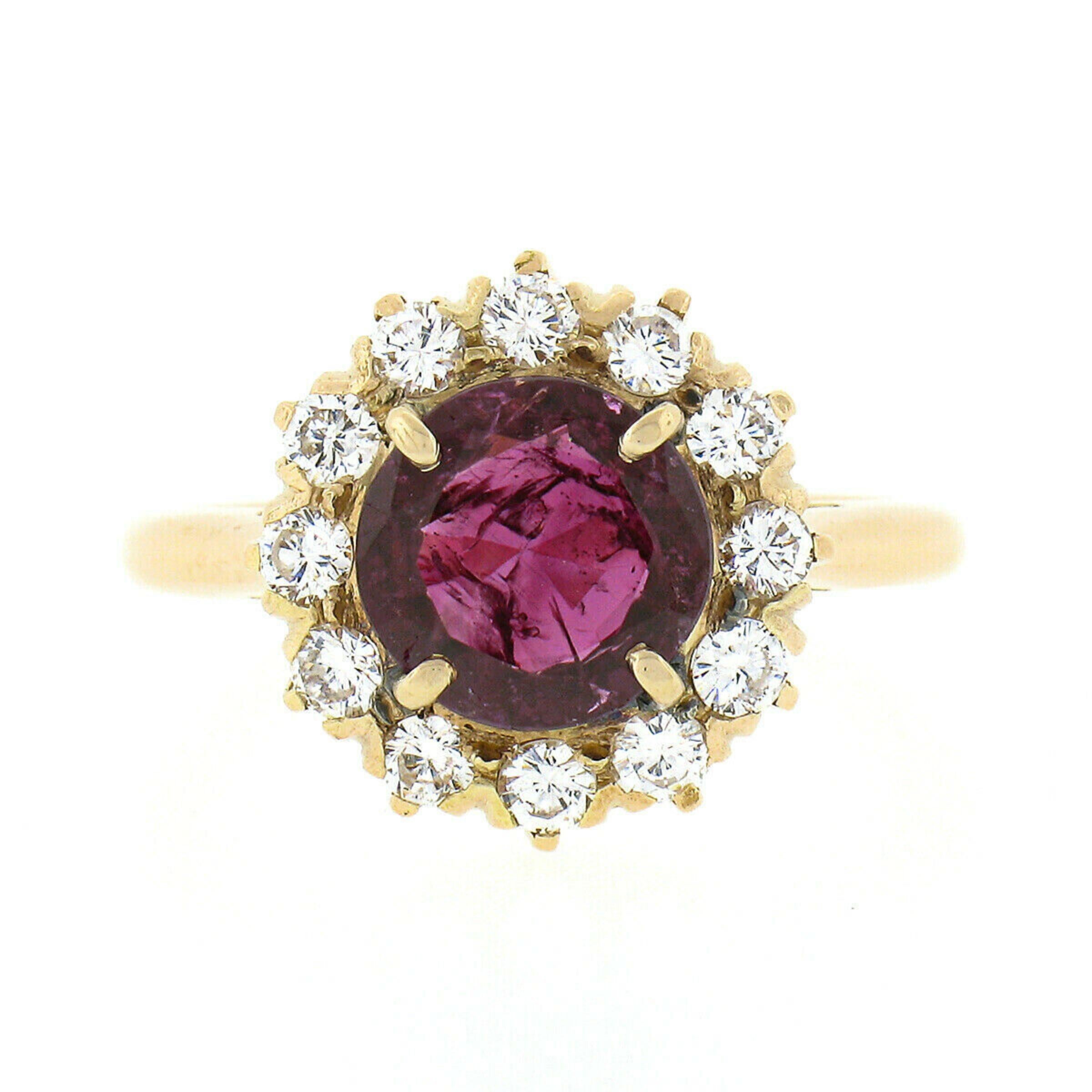 Vintage 18k Gold GIA No Heat 1.50ct Round Burma Ruby & Diamond Halo Cluster Ring In Good Condition For Sale In Montclair, NJ