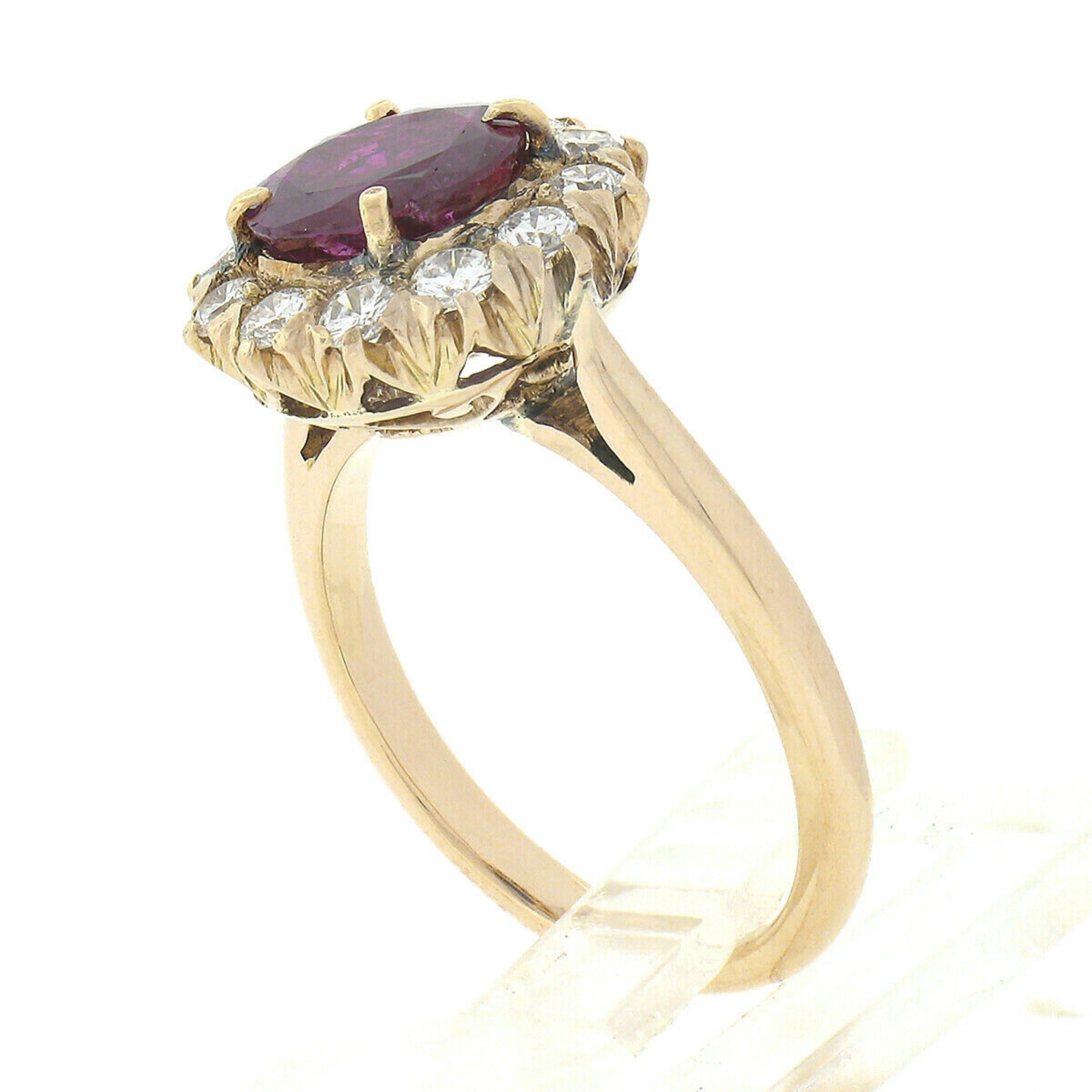 Women's Vintage 18k Gold GIA No Heat 1.50ct Round Burma Ruby & Diamond Halo Cluster Ring For Sale