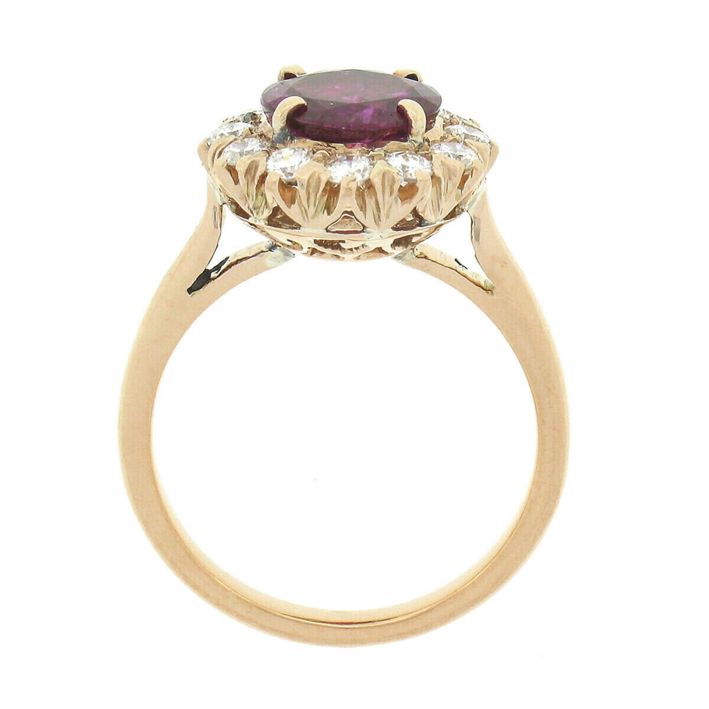 Vintage 18k Gold GIA No Heat 1.50ct Round Burma Ruby & Diamond Halo Cluster Ring For Sale 1