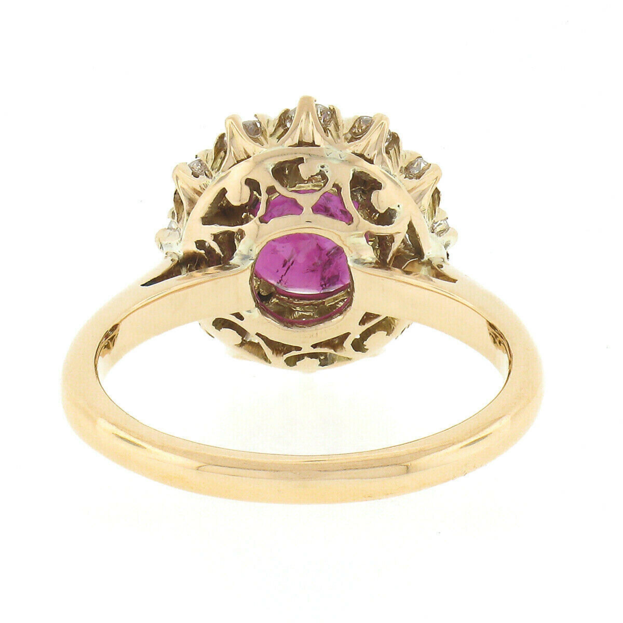 Vintage 18k Gold GIA No Heat 1.50ct Round Burma Ruby & Diamond Halo Cluster Ring For Sale 4