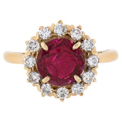 Vintage 18k Gold GIA No Heat 1.50ct Round Burma Ruby 
Diamond Halo Cluster Ring