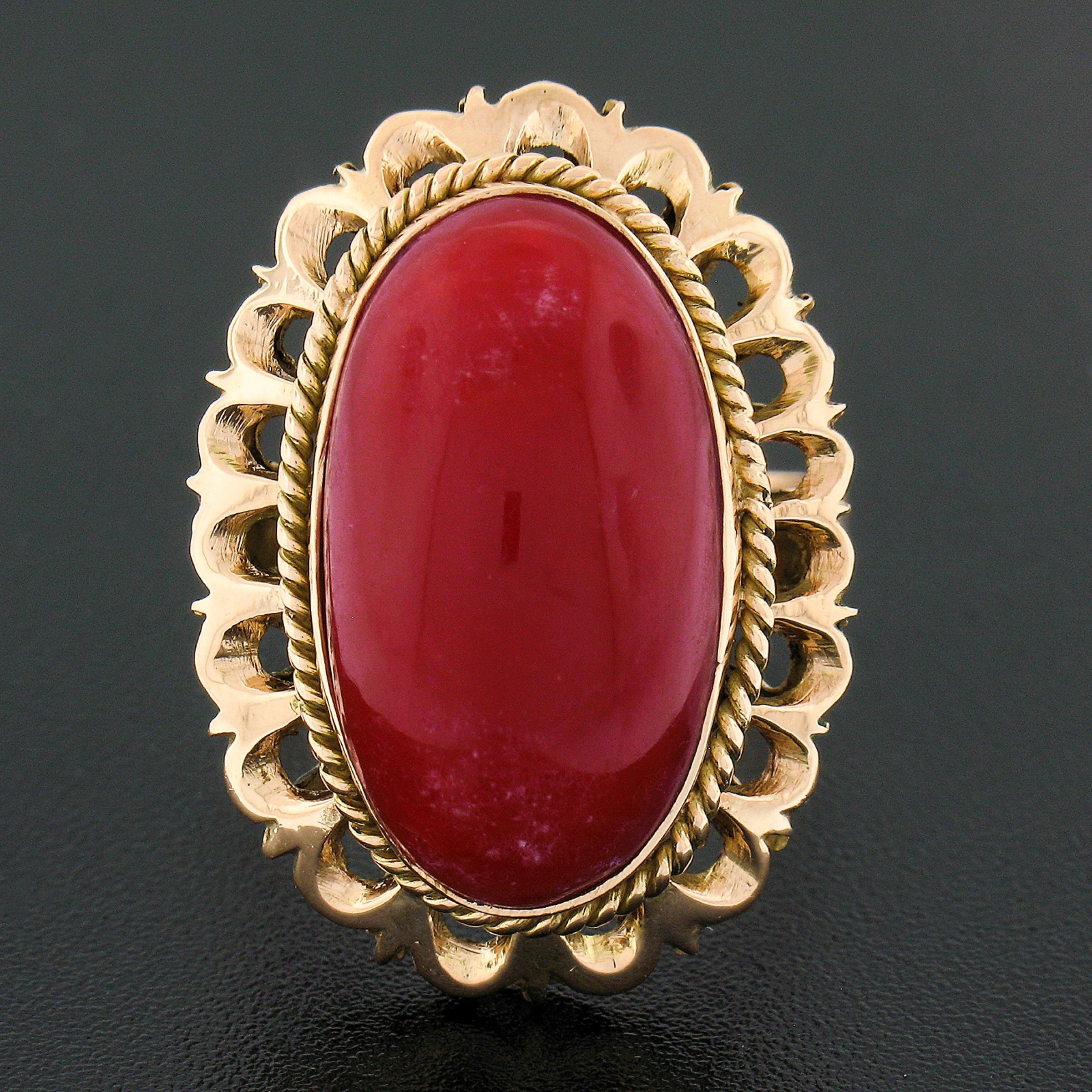 Retro Vintage 18k Gold GIA Oval Cabochon Orangy-Red Coral w/ Open Work Frame Ring For Sale