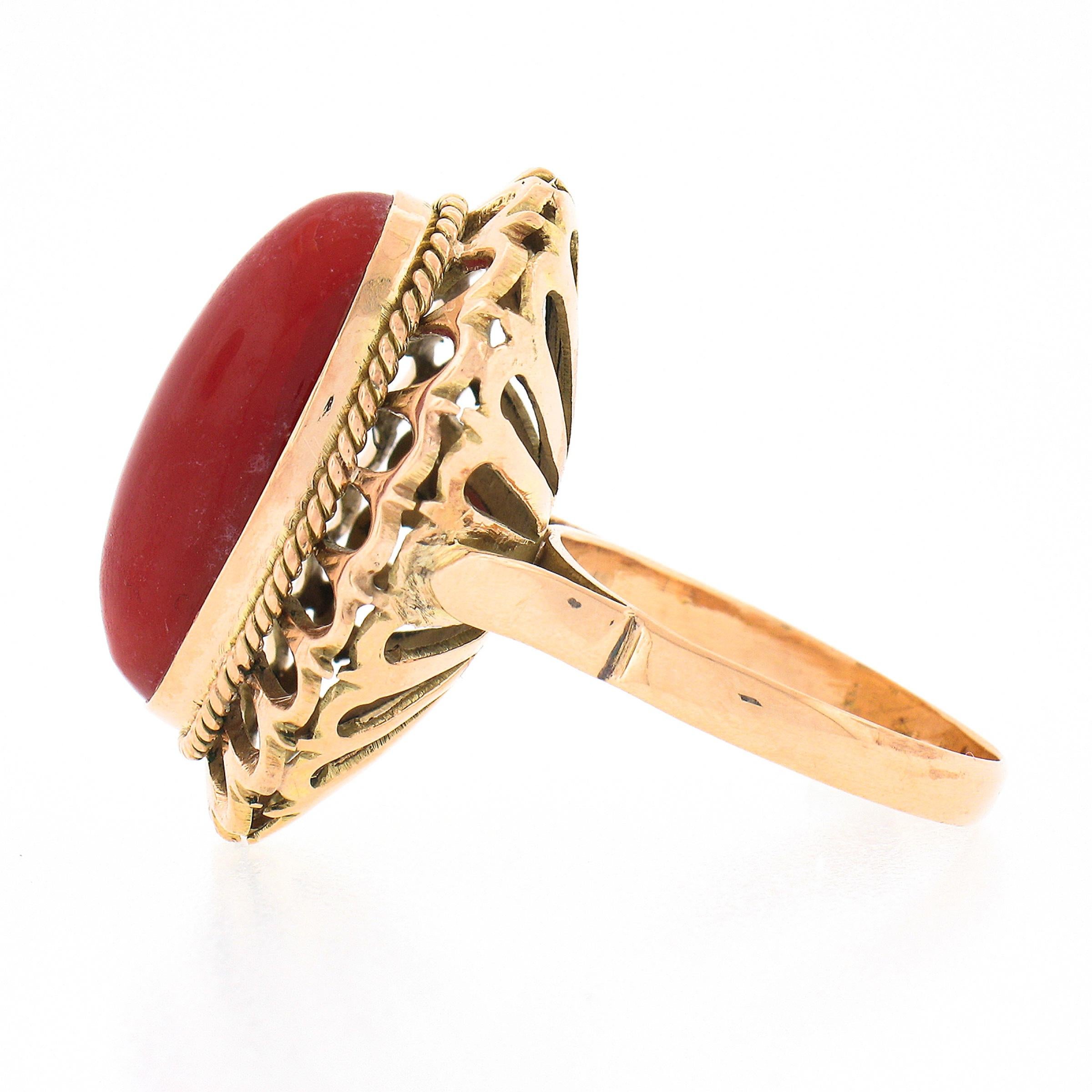 Women's Vintage 18k Gold GIA Oval Cabochon Orangy-Red Coral w/ Open Work Frame Ring For Sale