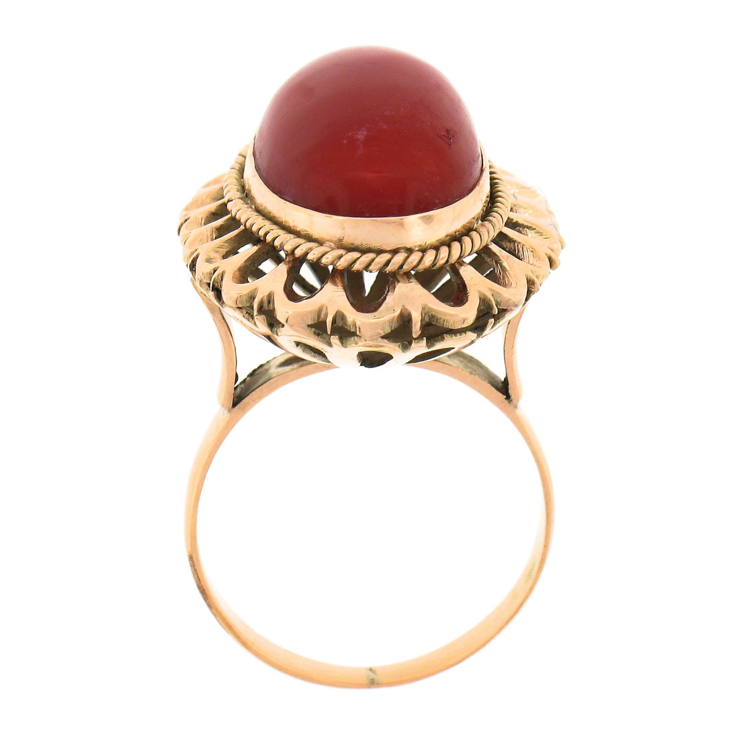 Vintage 18k Gold GIA Oval Cabochon Orangy-Red Coral w/ Open Work Frame Ring For Sale 2