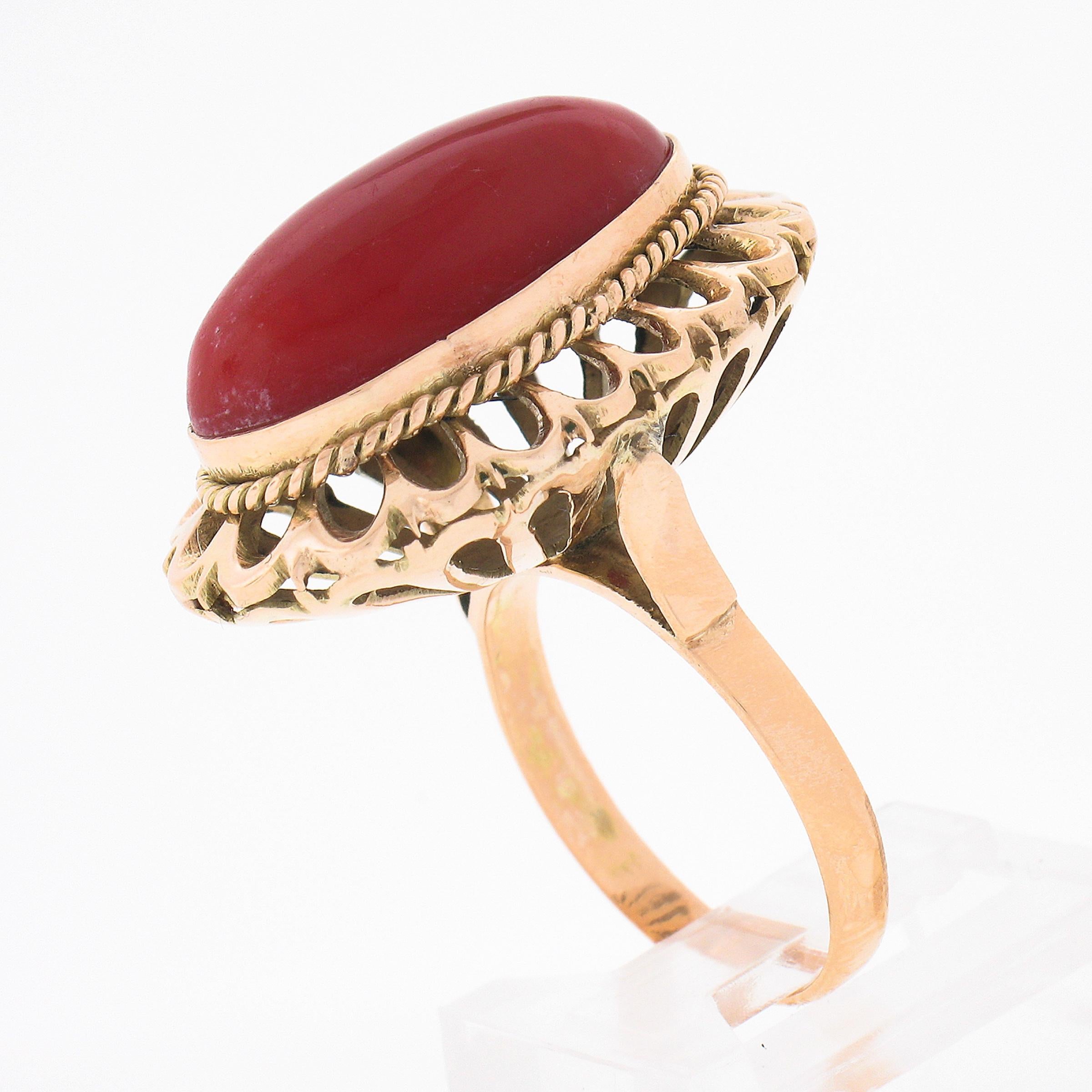 Vintage 18k Gold GIA Oval Cabochon Orangy-Red Coral w/ Open Work Frame Ring For Sale 3