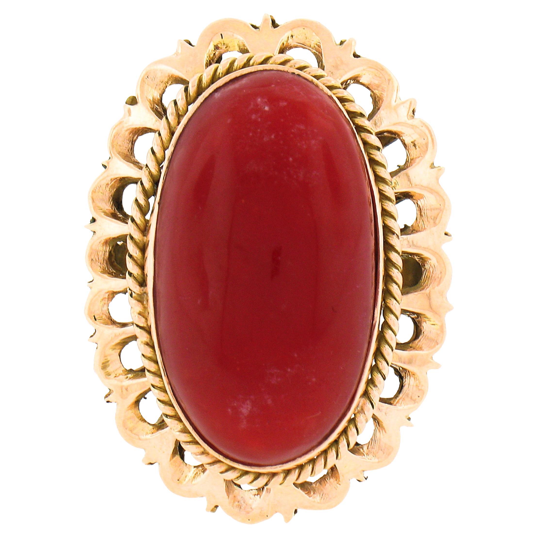 Vintage 18k Gold GIA Oval Cabochon Orangy-Red Coral w/ Open Work Frame Ring For Sale