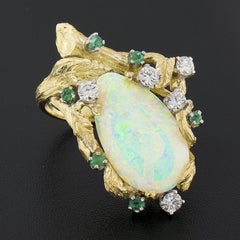 Vintage 18k Gold GIA Pear Cabochon Opal W/ Diamond & Emerald Bark Textured Ring
