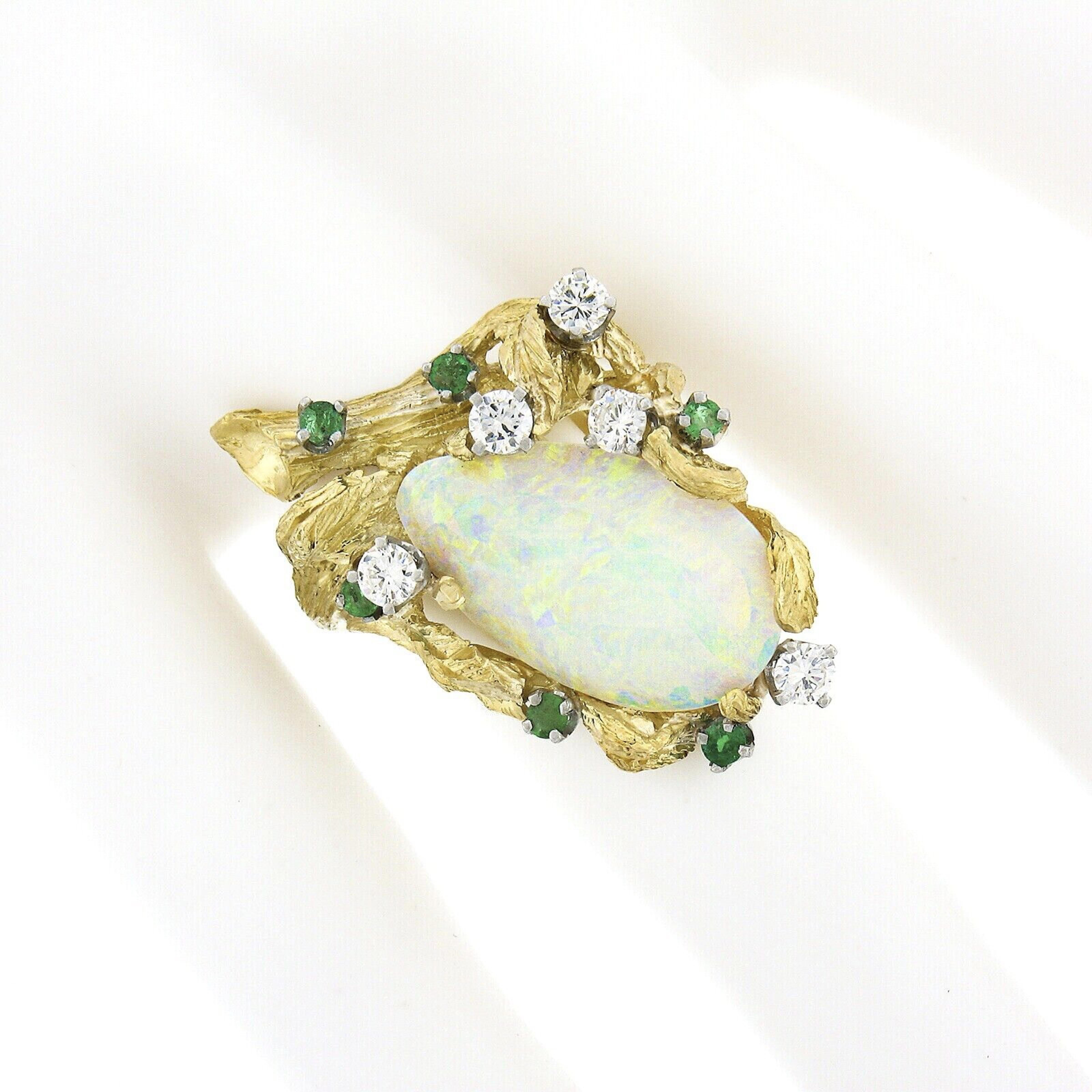 Retro Vintage 18k Gold GIA Pear Cabochon Opal W/ Diamond & Emerald Bark Textured Ring For Sale