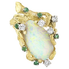Retro 18k Gold GIA Pear Cabochon Opal W/ Diamond & Emerald Bark Textured Ring
