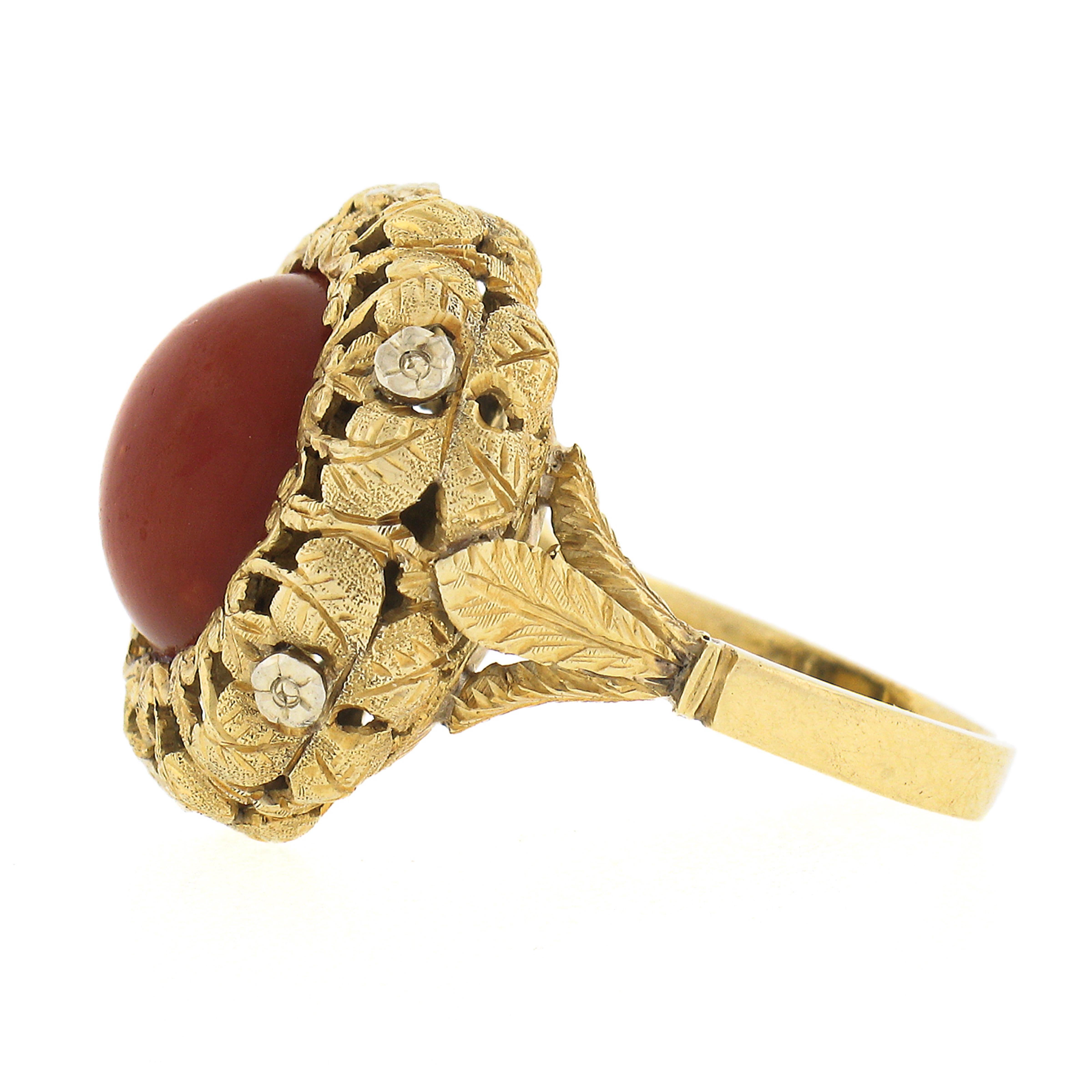 Round Cut Vintage 18k Gold GIA Round Cabochon Orangy-Red Coral w/ Hand Engraved Frame Ring