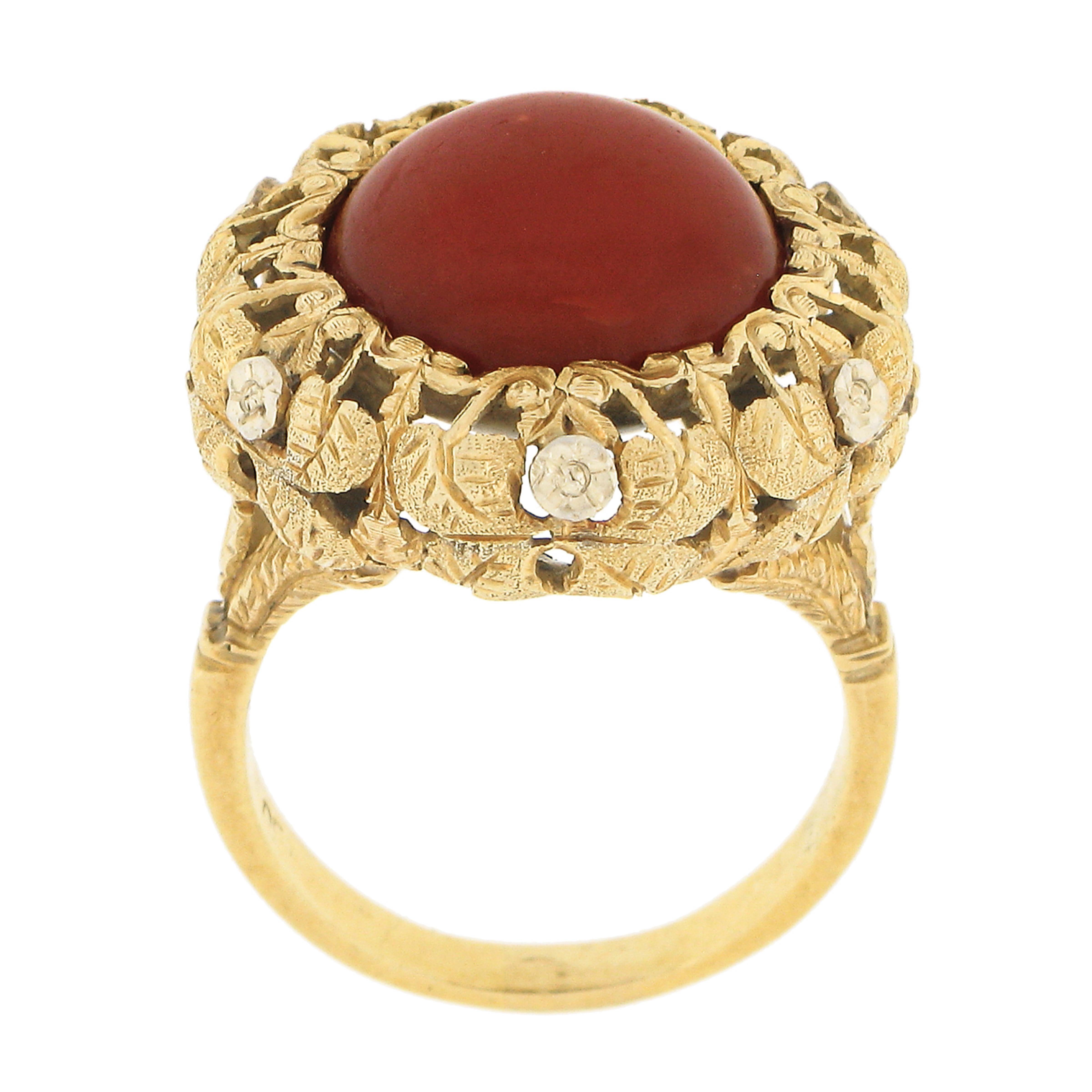 Women's Vintage 18k Gold GIA Round Cabochon Orangy-Red Coral w/ Hand Engraved Frame Ring