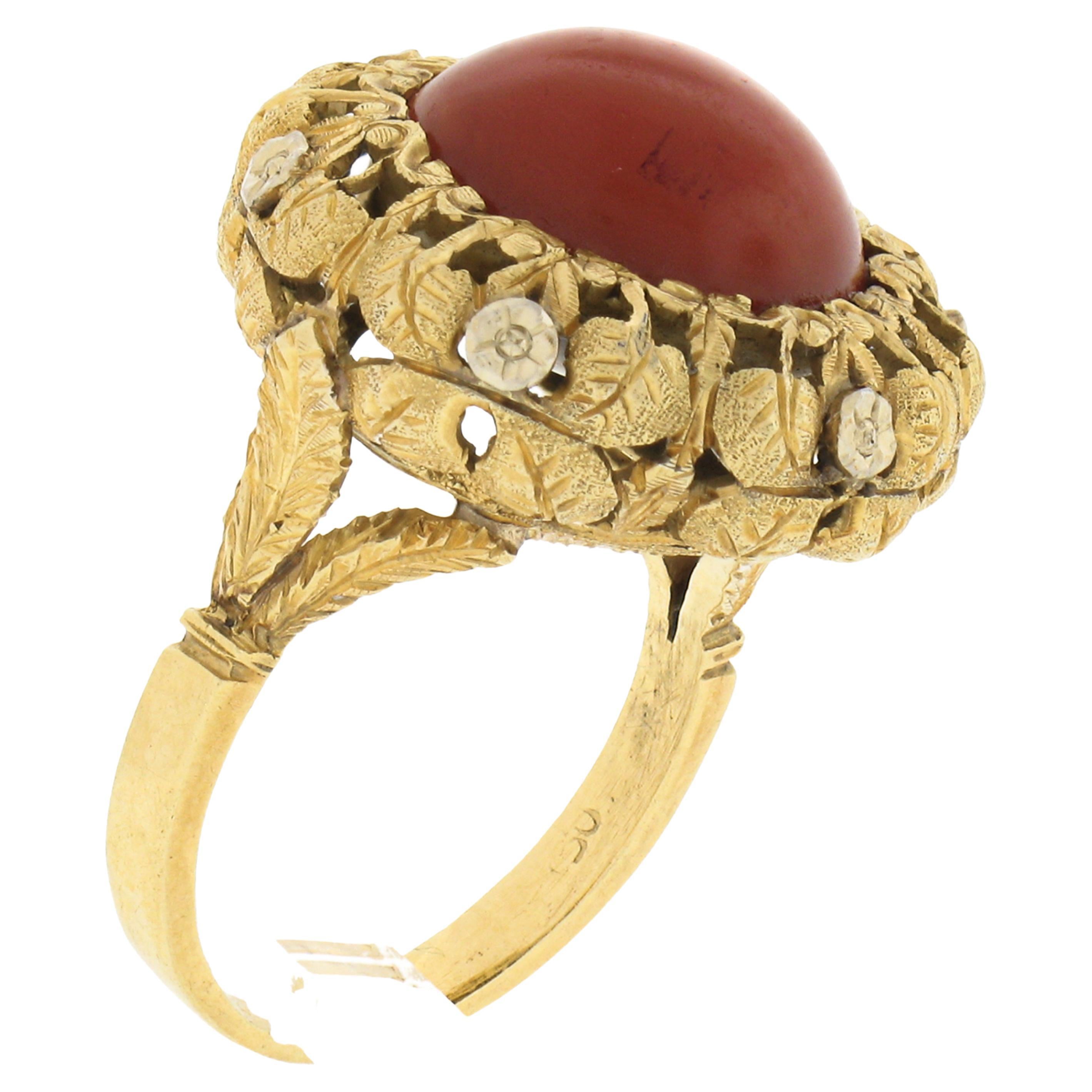 Vintage 18k Gold GIA Round Cabochon Orangy-Red Coral w/ Hand Engraved Frame Ring