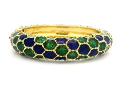 Vintage 18k Gold Green & Blue Enamel Work Heavy Hinged Bangle Bracelet