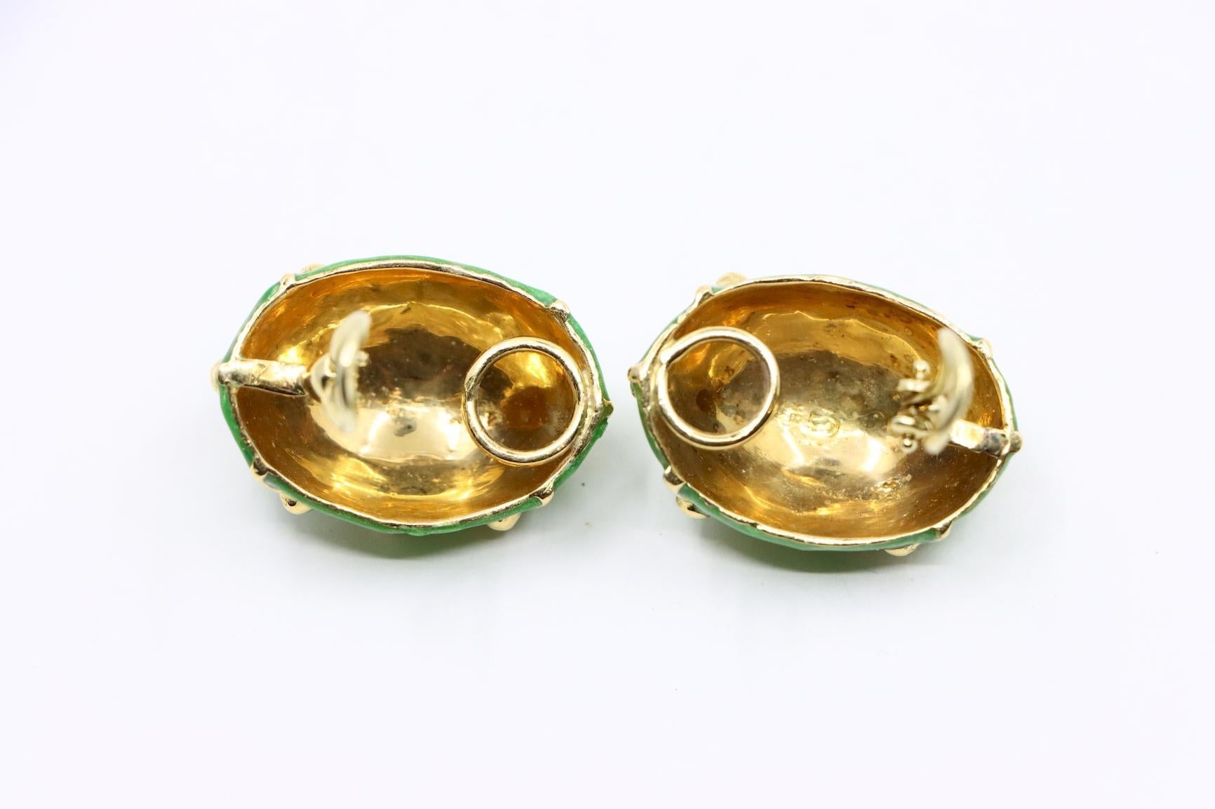 Vintage 18K Gold Green Enamel Earrings For Sale 6
