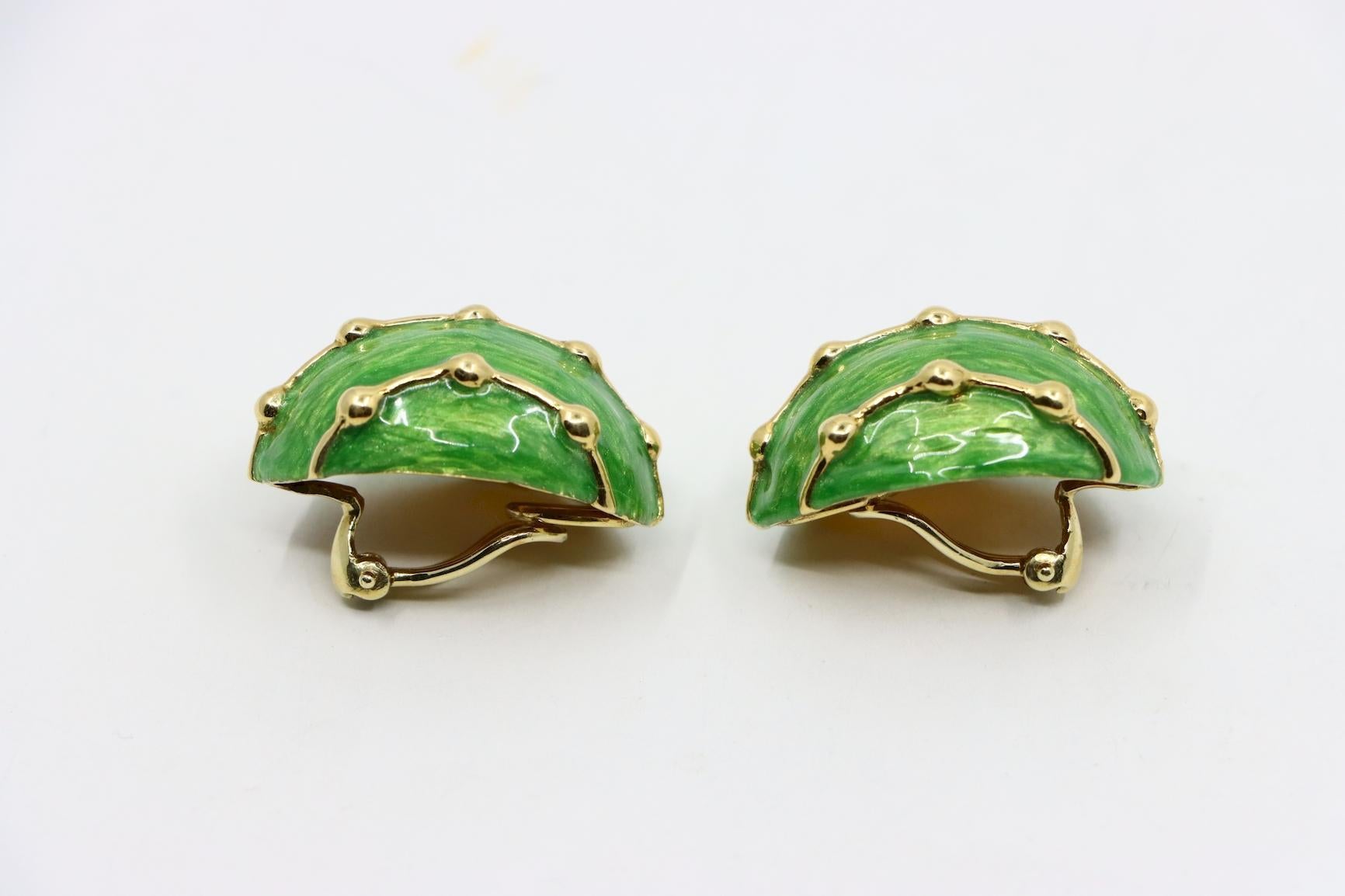 Women's or Men's Vintage 18K Gold Green Enamel Earrings For Sale