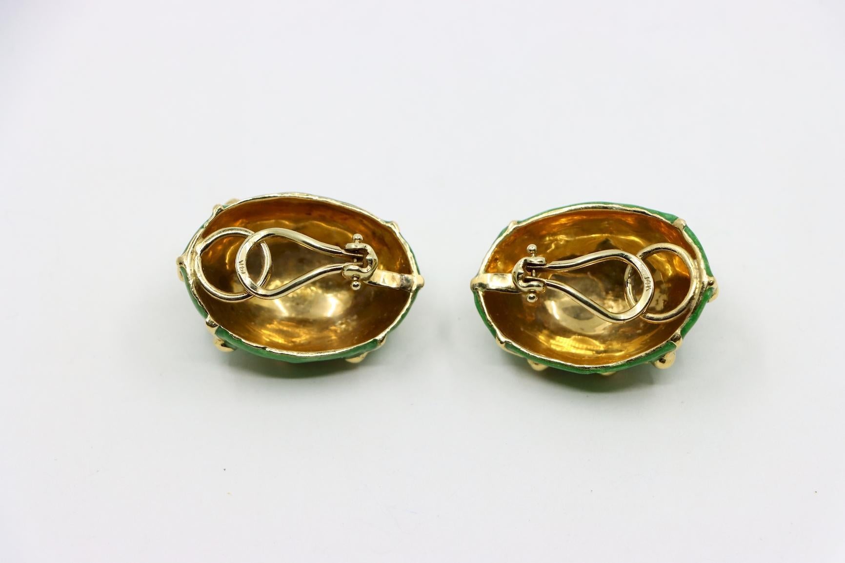 Vintage 18K Gold Green Enamel Earrings For Sale 3