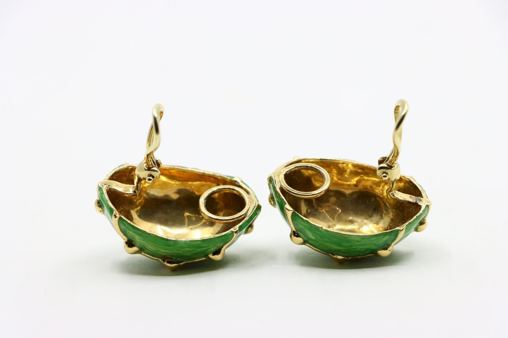 Vintage 18K Gold Green Enamel Earrings For Sale 5