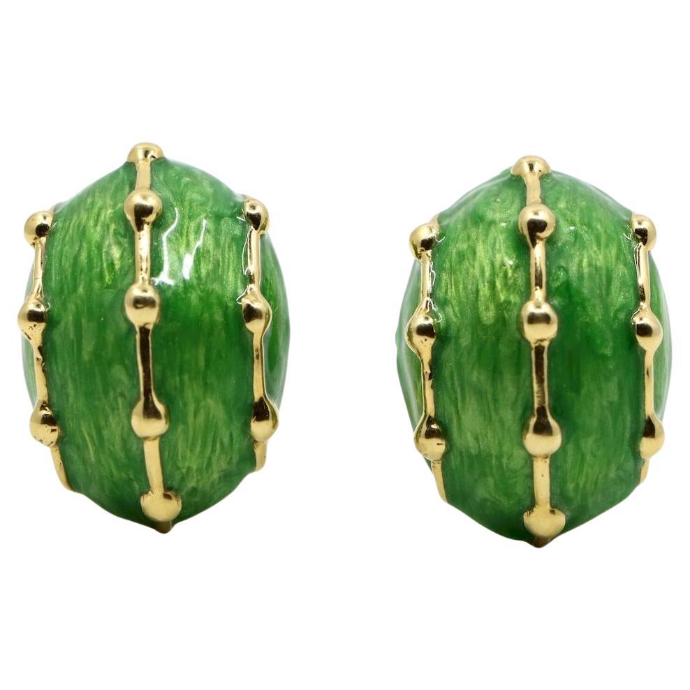Vintage 18K Gold Grün Emaille Ohrringe