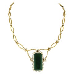 Vintage 18K Gold Green Tourmaline w/ Diamond Fancy Open Link Statement Necklace
